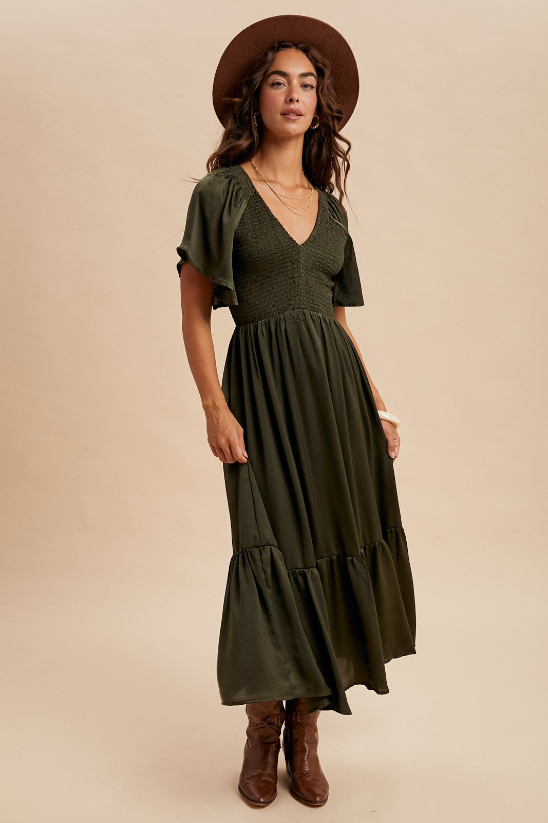 Satin Midi Dress in Olive