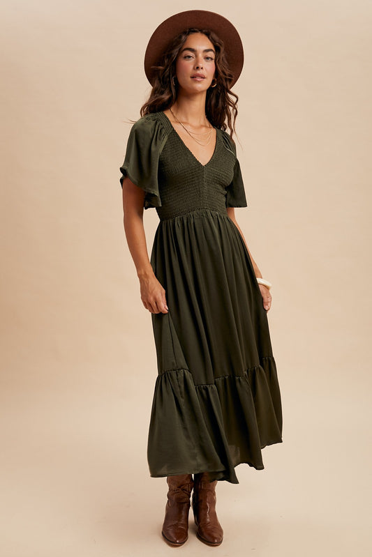 Satin Midi Dress in Olive