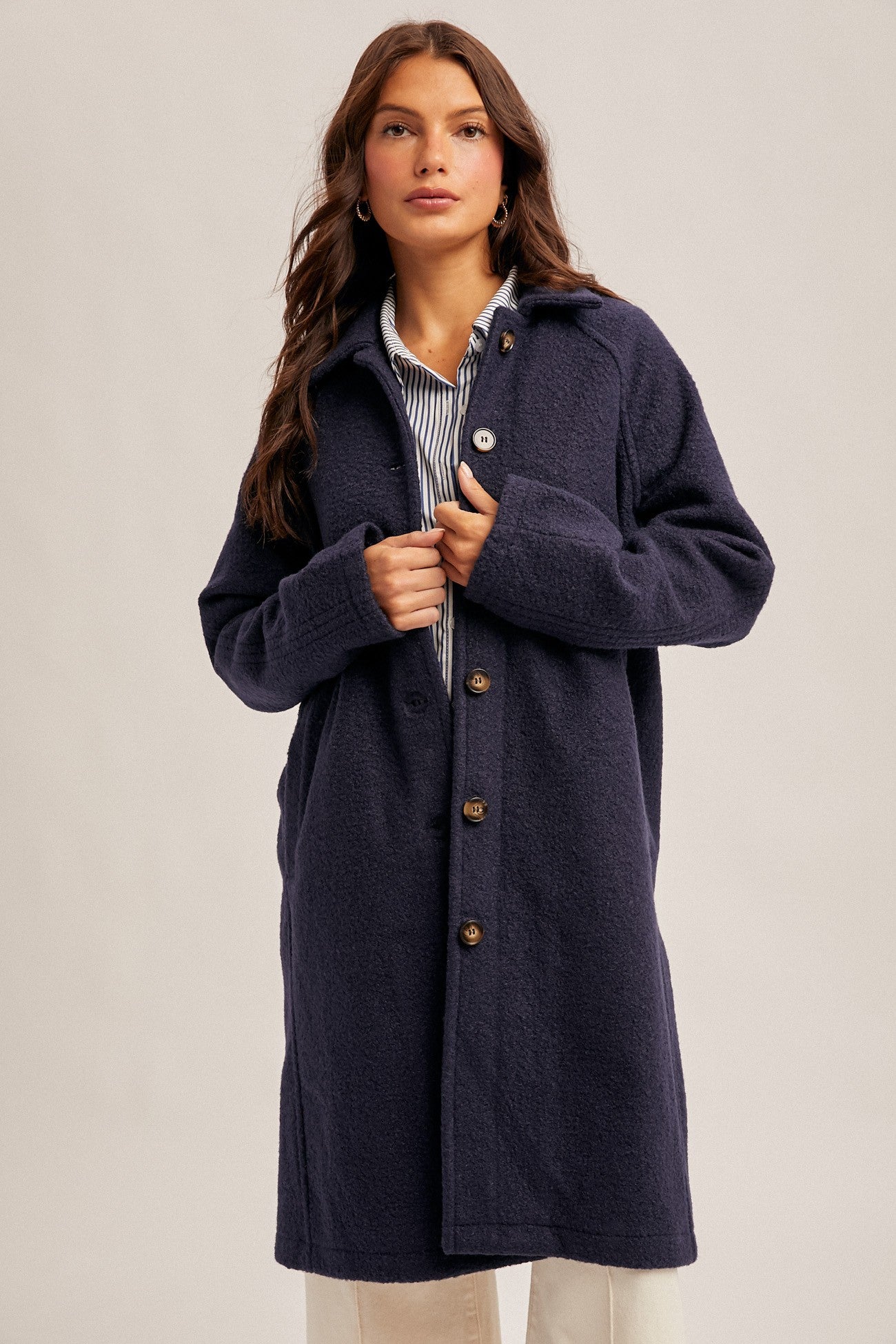 Teddy Texture Button Down Coat in Navy