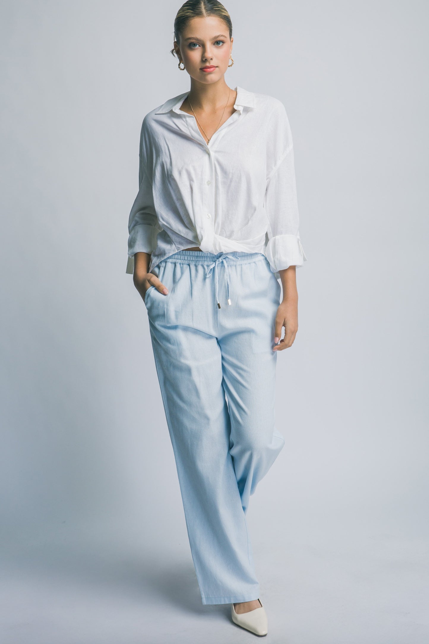 Linen Blend Twisted Hem Detail Shirt in White