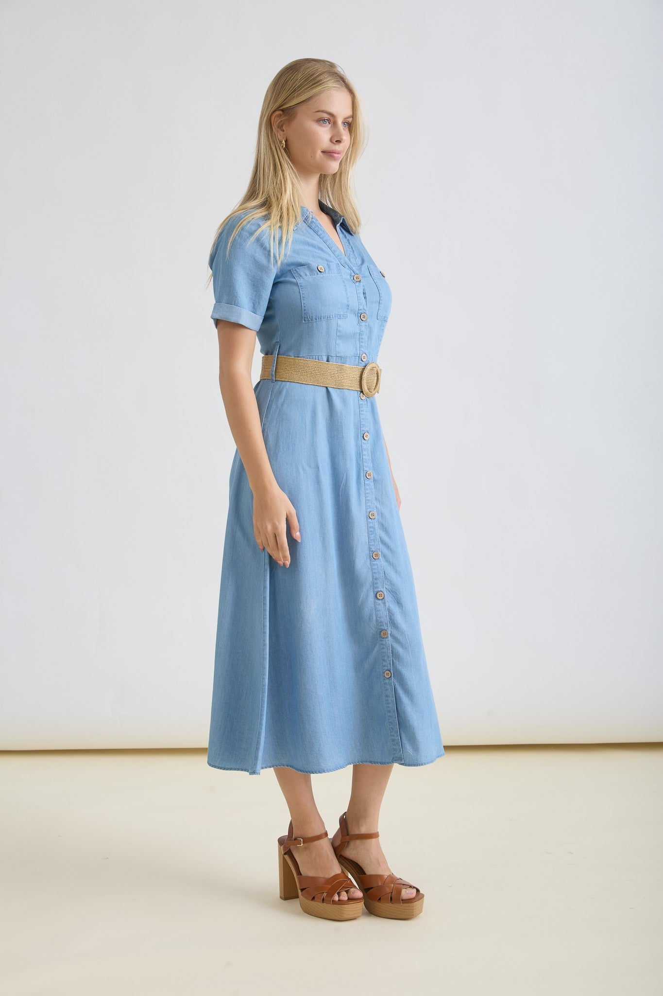 Collared Button Down Belted Midi Dress