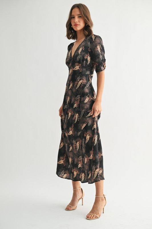 Leaf Print Satin Dress