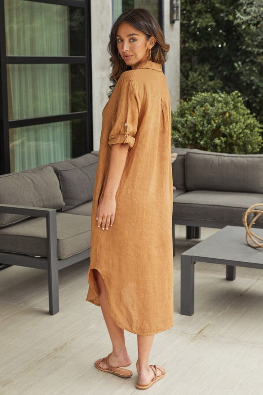 Italian Linen Button Down Dress in Tobacco
