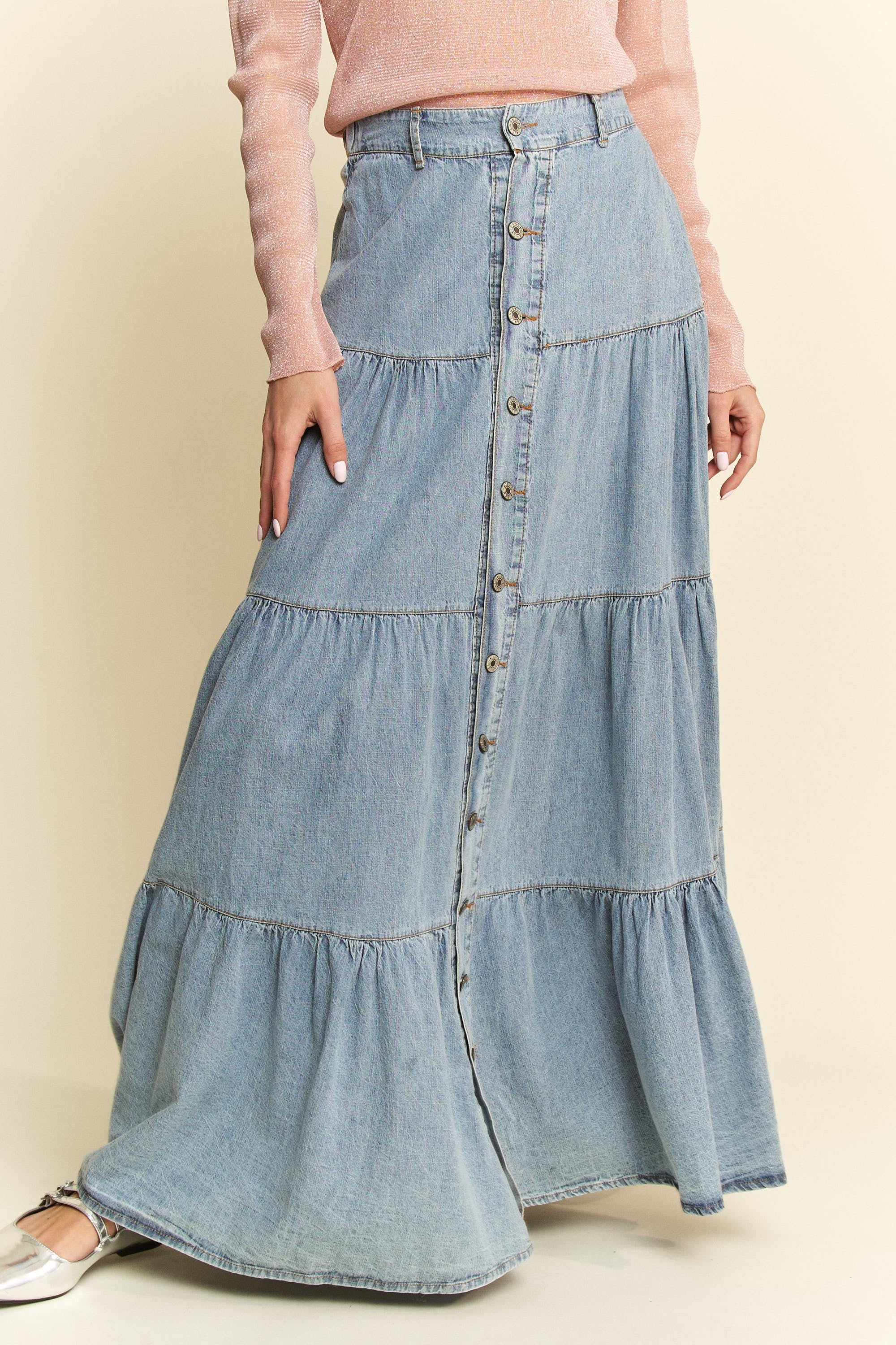 Button-Front Tiered Maxi Denim Skirt