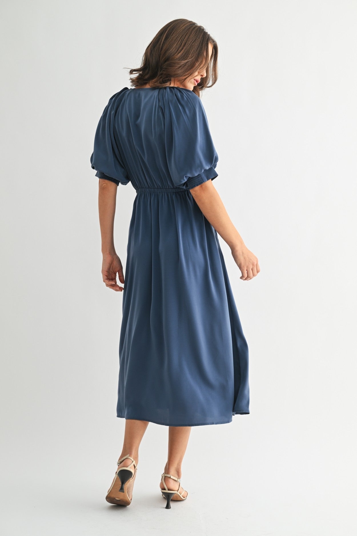 Satin Balloon Dress in Dusty Blue