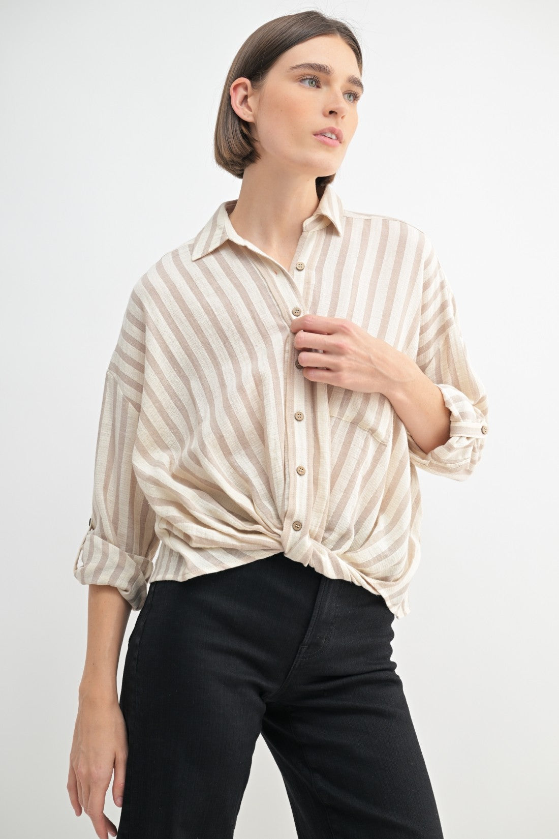 Twist Front Button Down Top in Taupe