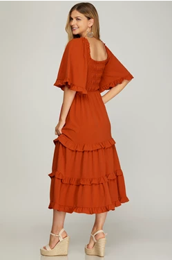Bell Sleeve Smocked Tiered Dress in Rust