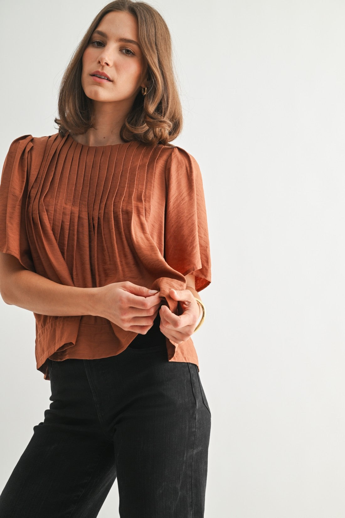 Pintuck Short Sleeve Blouse in Clay