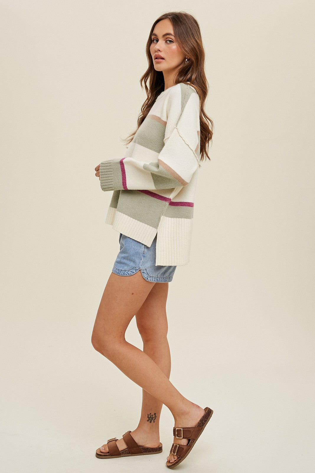 Stripe Sweater with Reverse Stitch in Sage