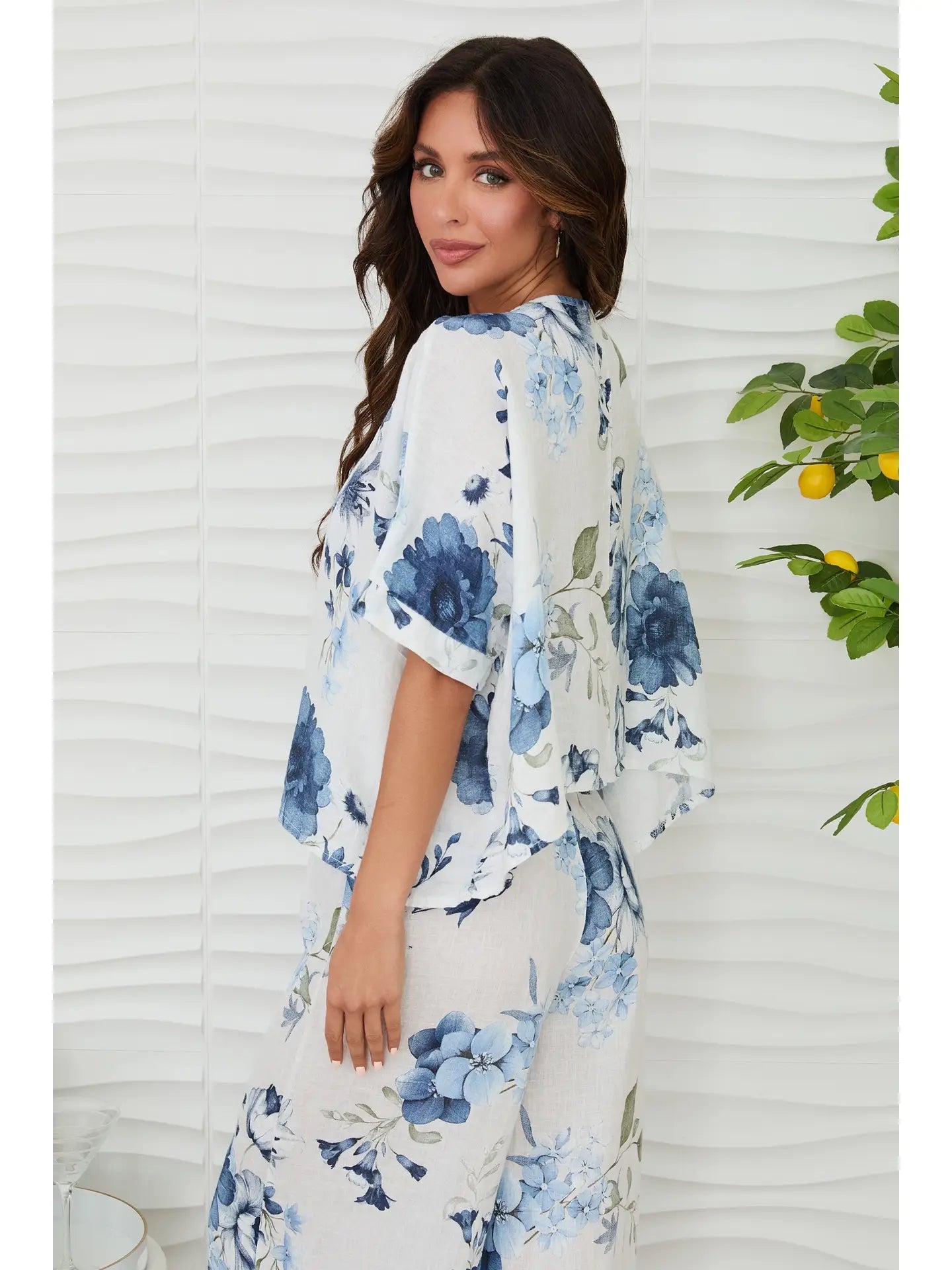 Gardenia Print Linen Dolman Sleeve Top