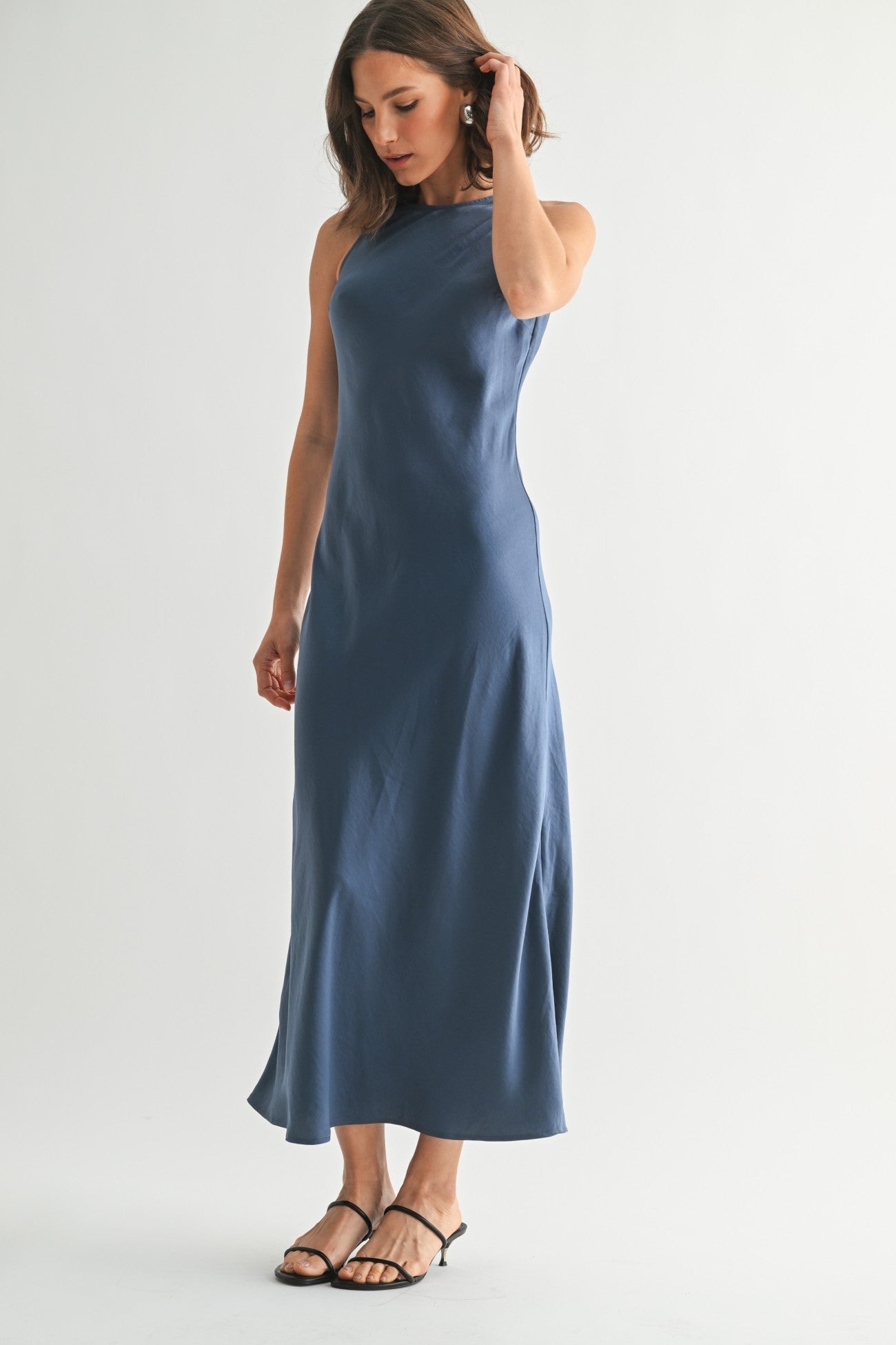 Satin Maxi Dress in Dusty Blue