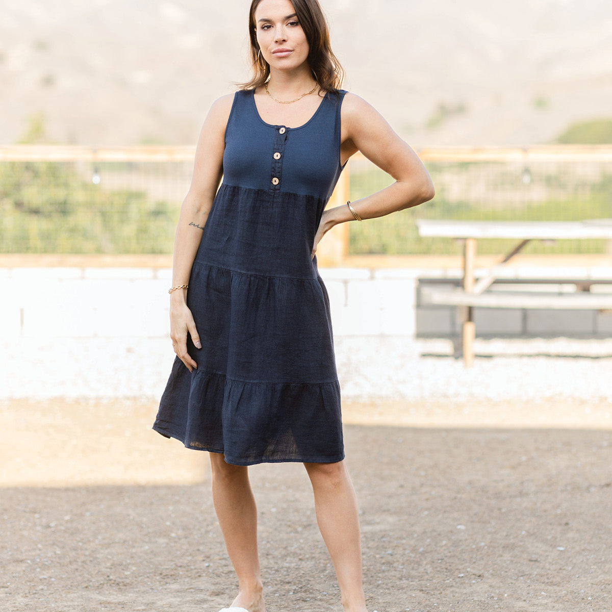 Tripple Button Linen Dress in Navy