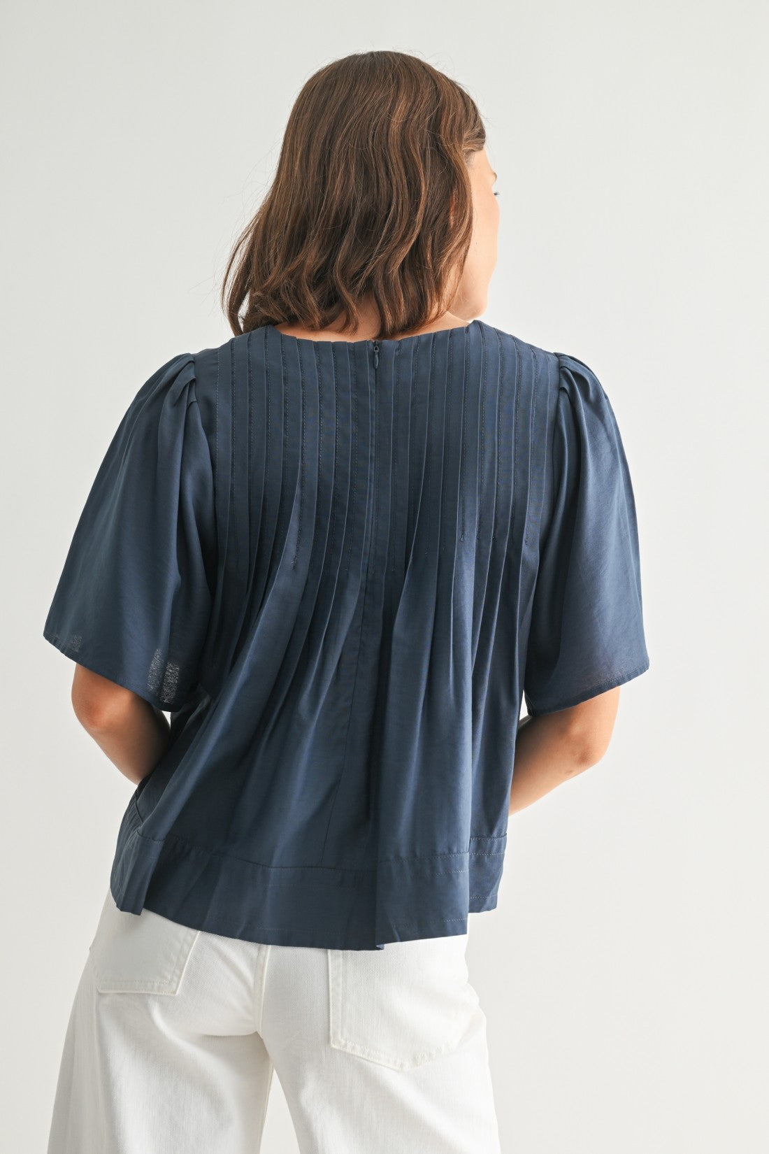 Pintuck Short Sleeve Blouse in Blue