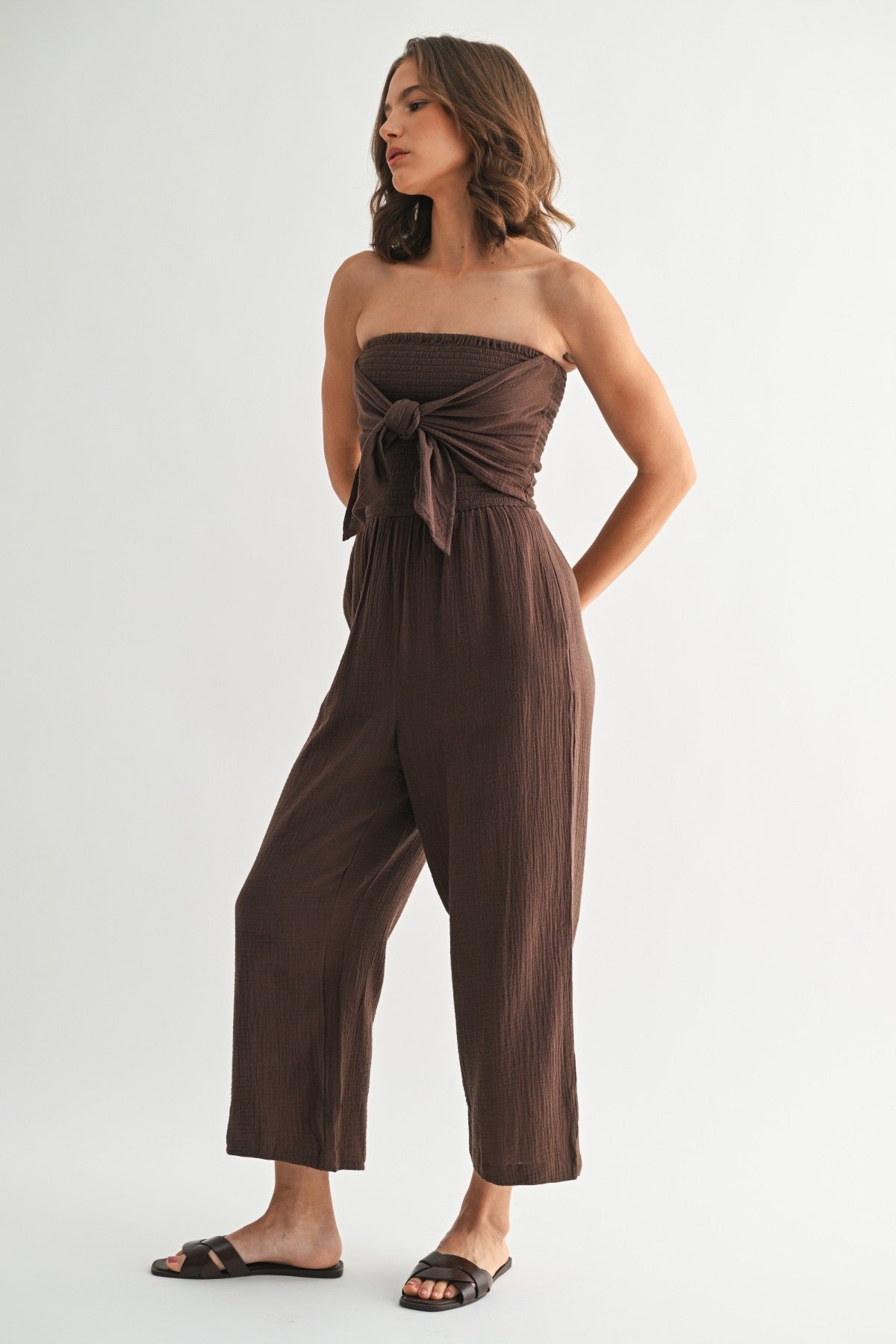Smocking Top Jumpsuit in Truffle