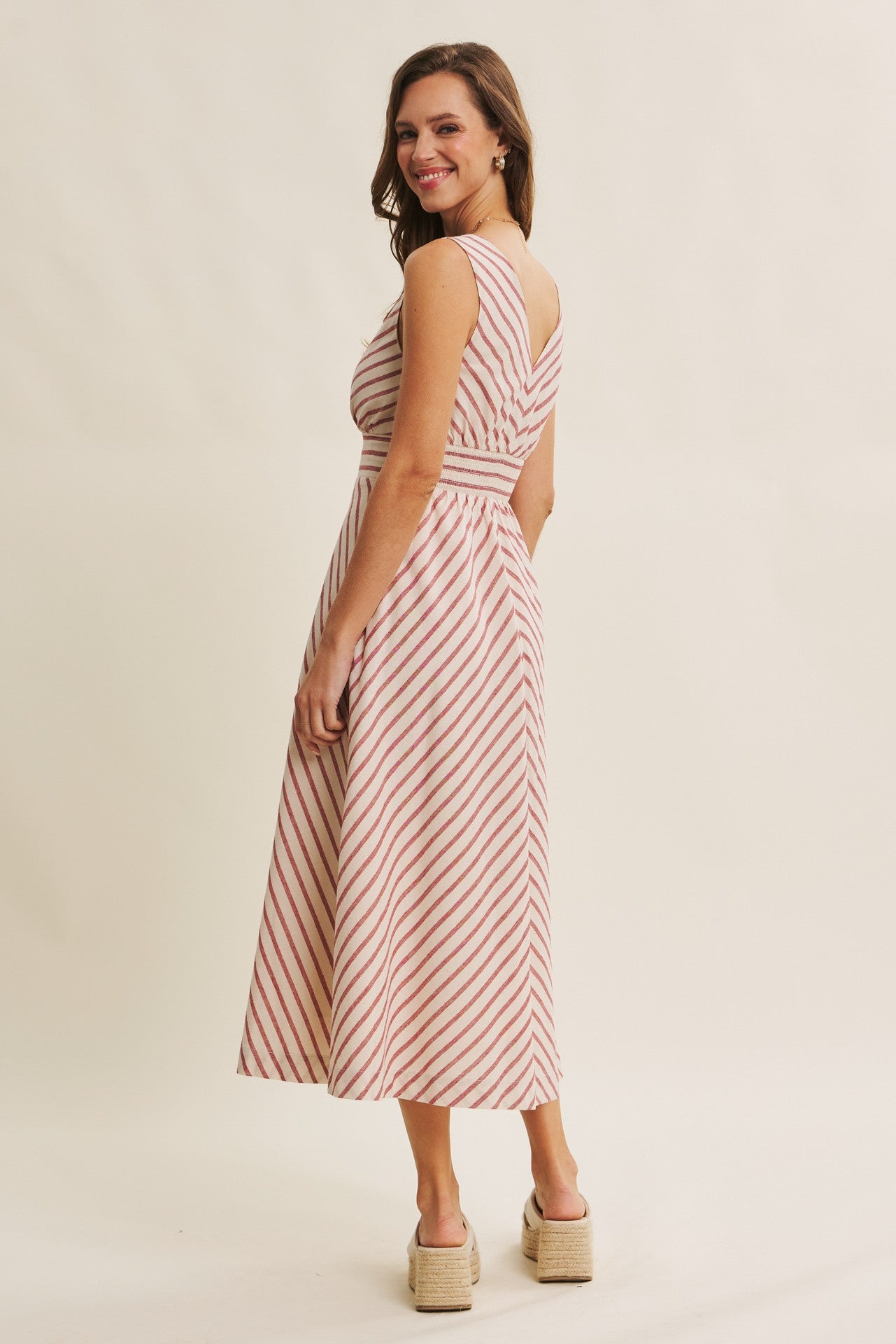Fit and Flare Stripe Midi Dress in Red