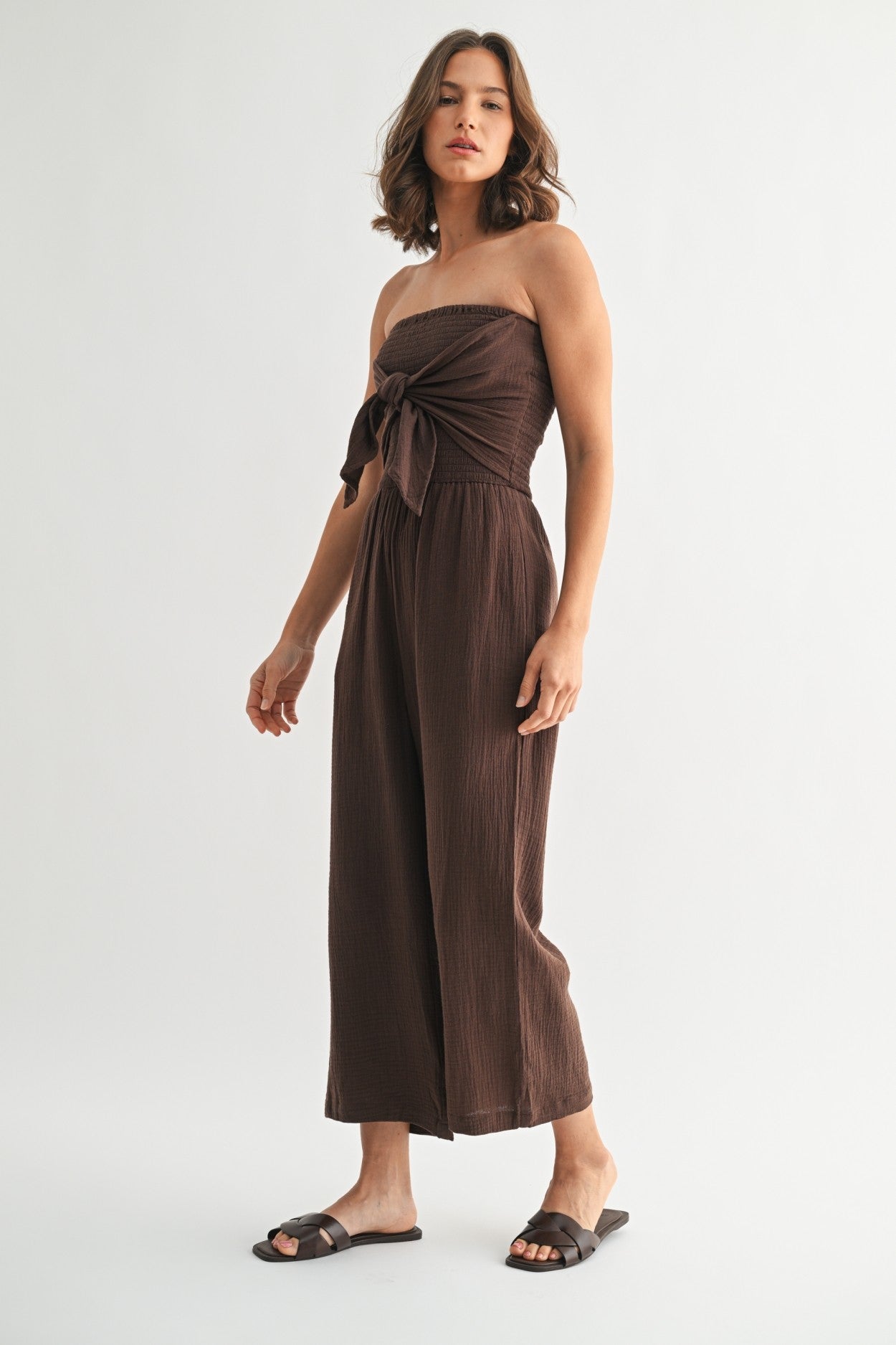 Smocking Top Jumpsuit in Truffle