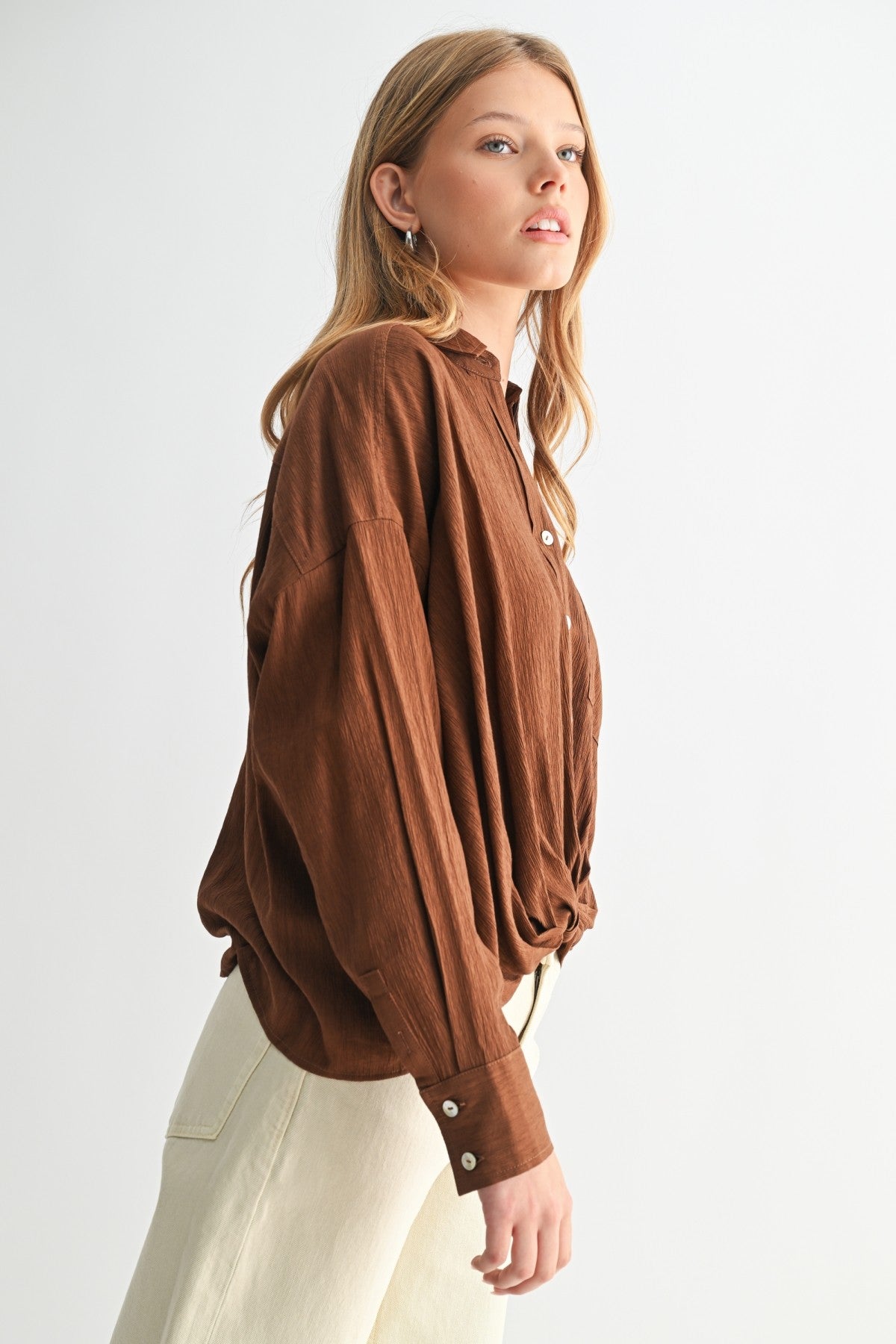 Texture Woven Twist Hem Button Down Shirt