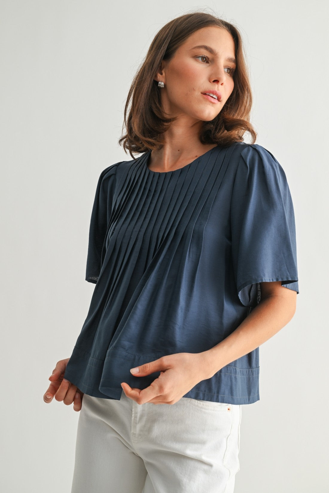 Pintuck Short Sleeve Blouse in Blue