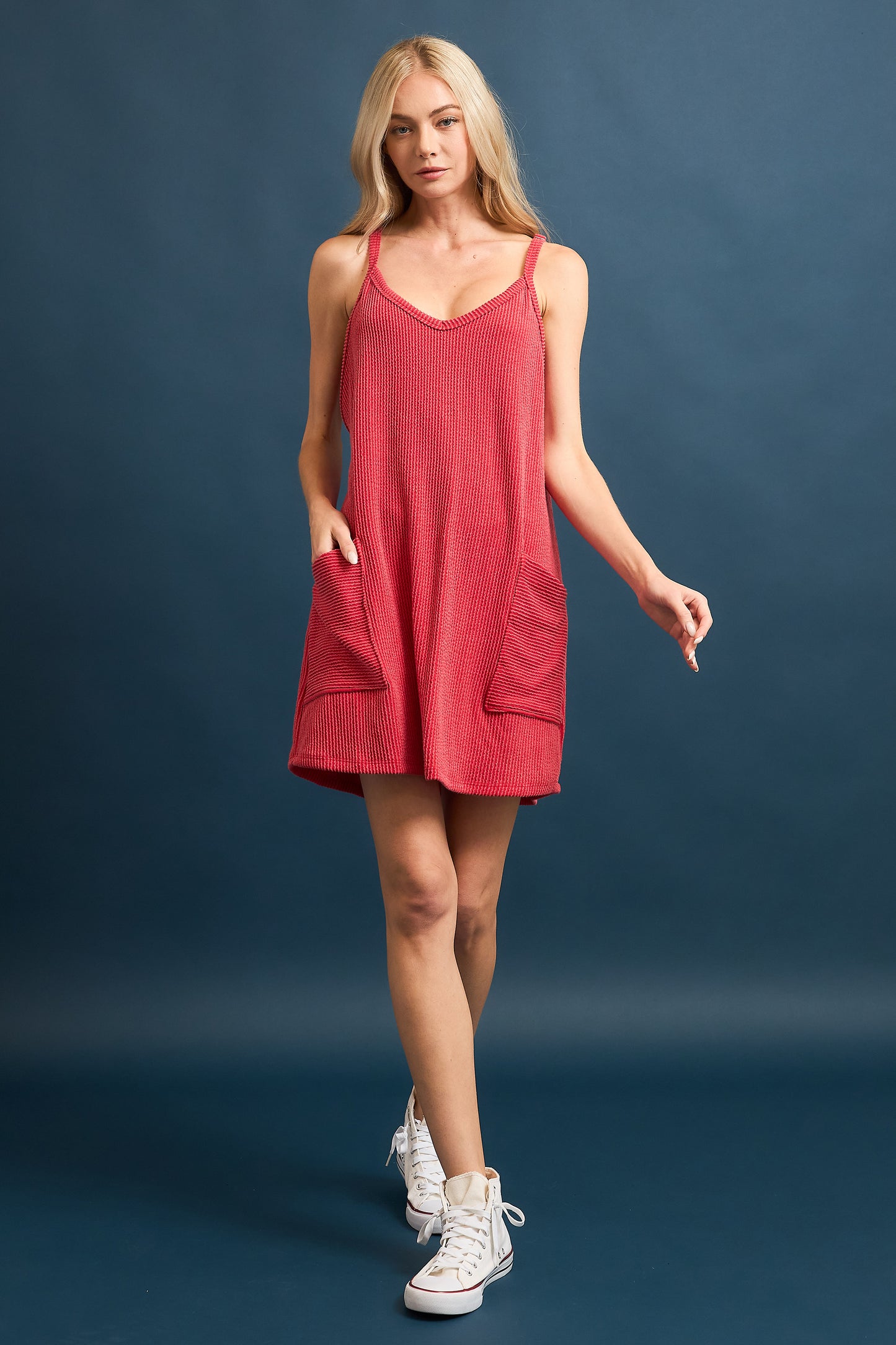 Wave Rib V-Neck Romper Dress