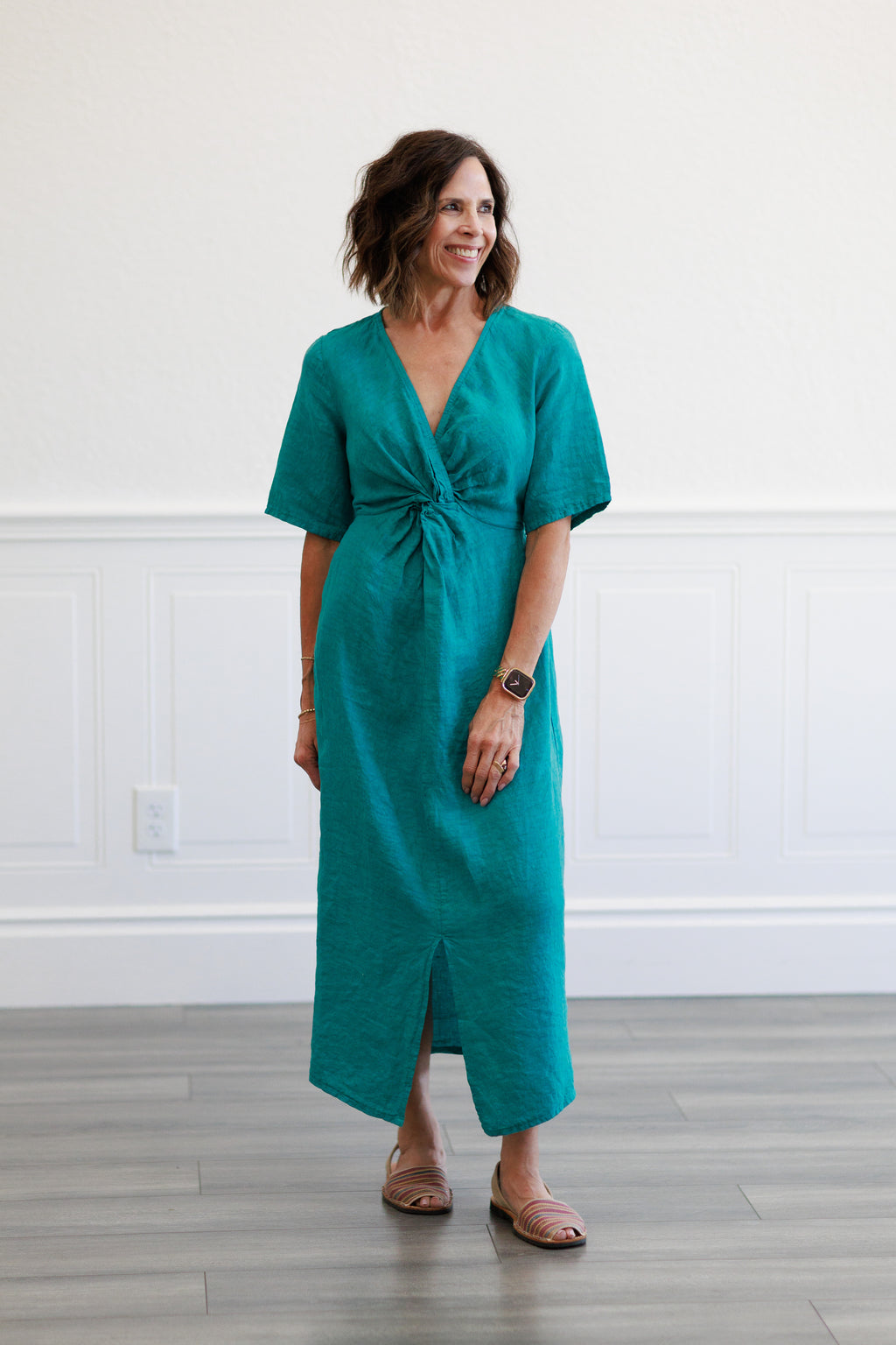 milio milano linen dress Capri Twist Front Midi in Teal Atria Signature Colors:Atlantic Blue Garden Fairy Costume Cabana Mini Dress In neck create a flattering