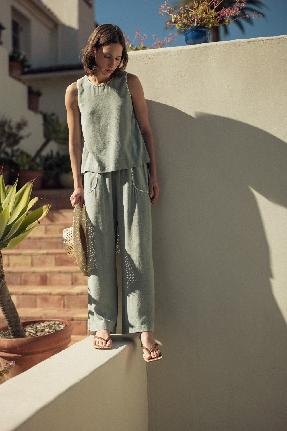 Embroidered Detail Pants in Sage