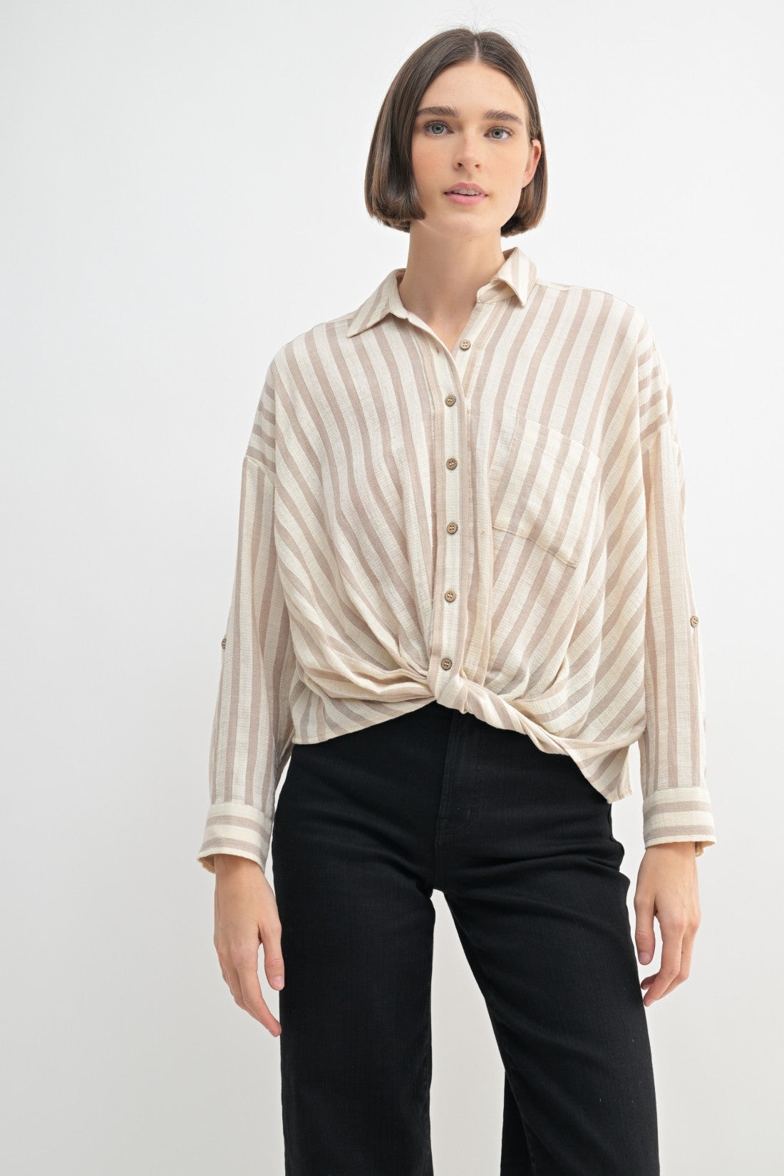 Twist Front Button Down Top in Taupe