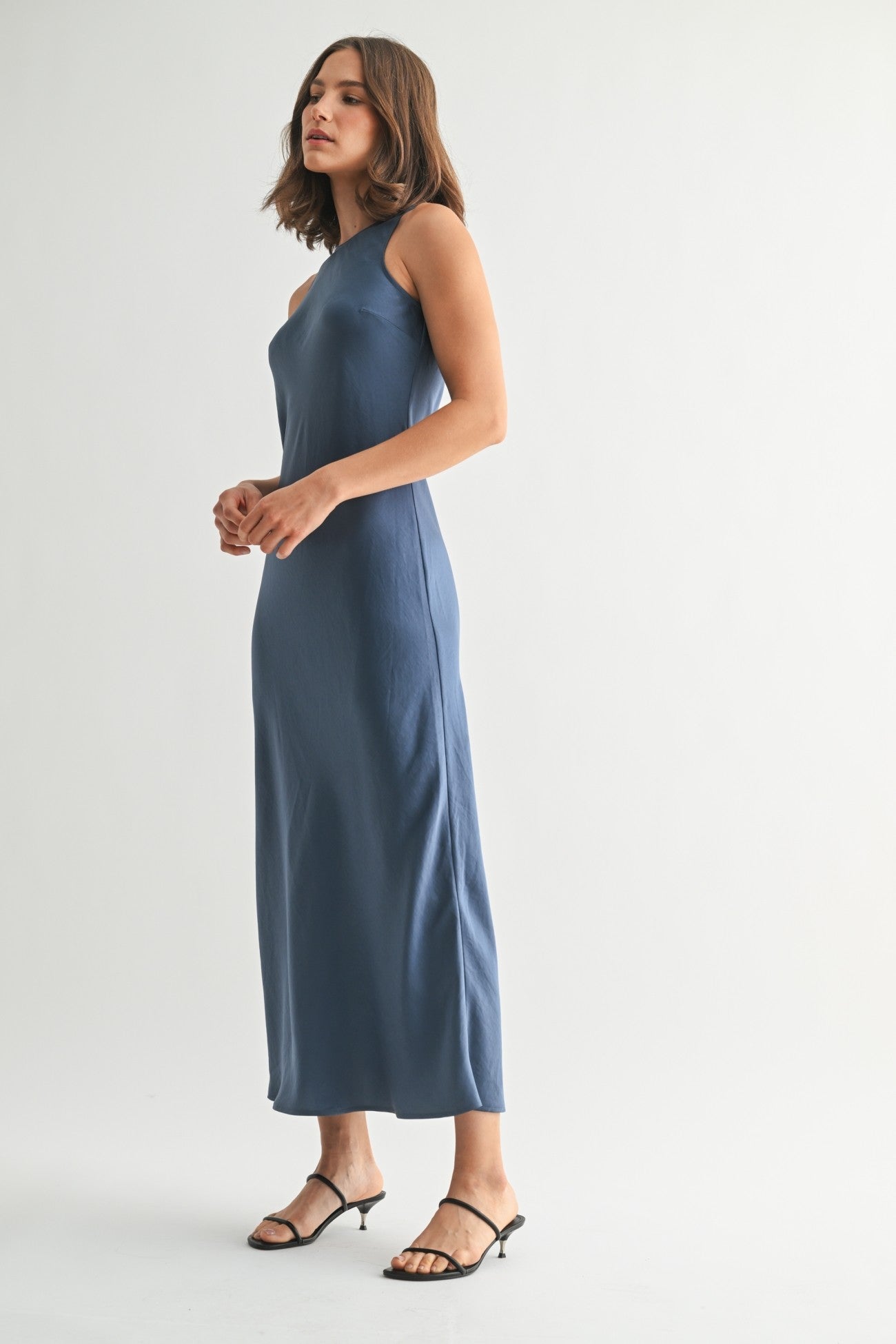 Satin Maxi Dress in Dusty Blue