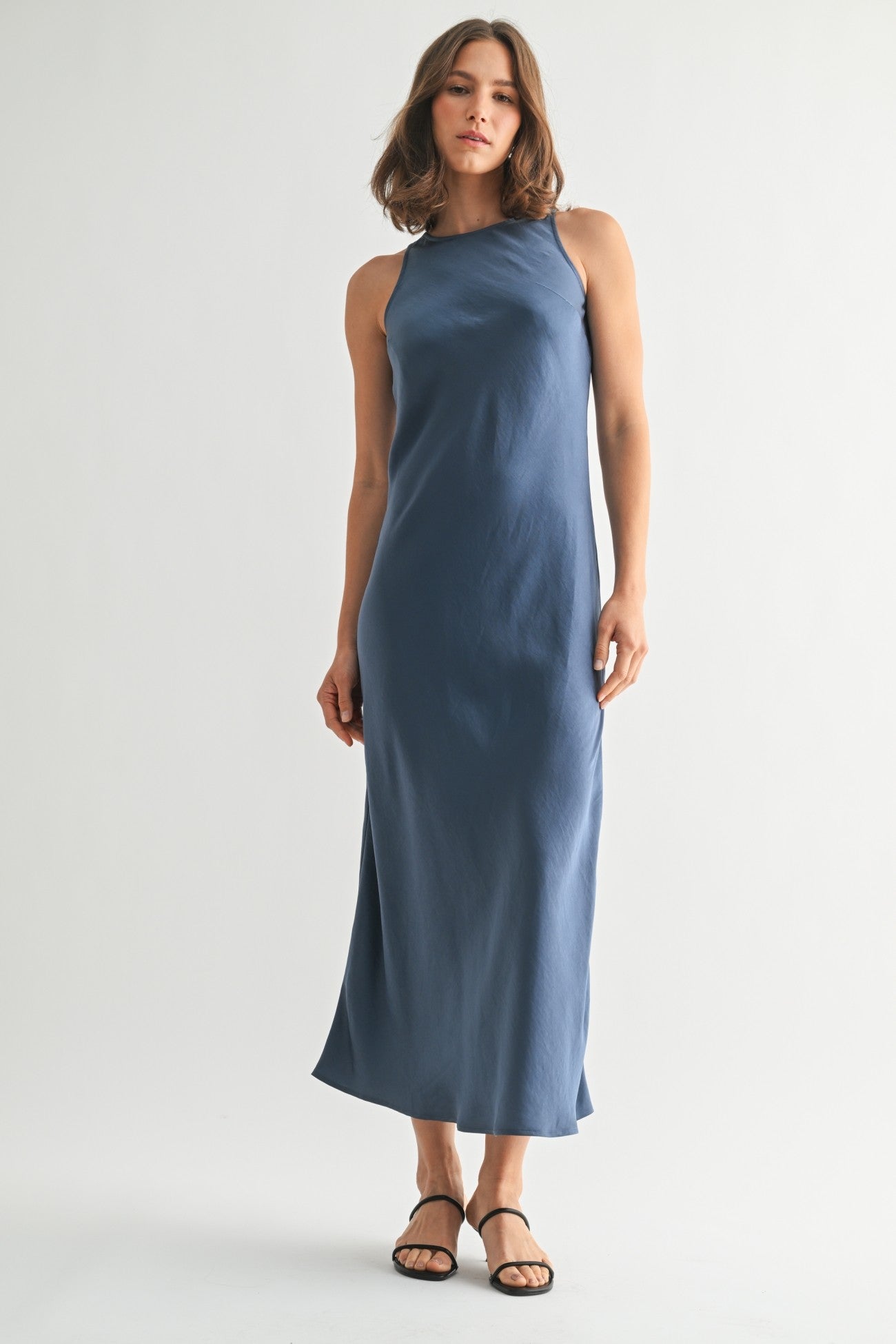 Satin Maxi Dress in Dusty Blue