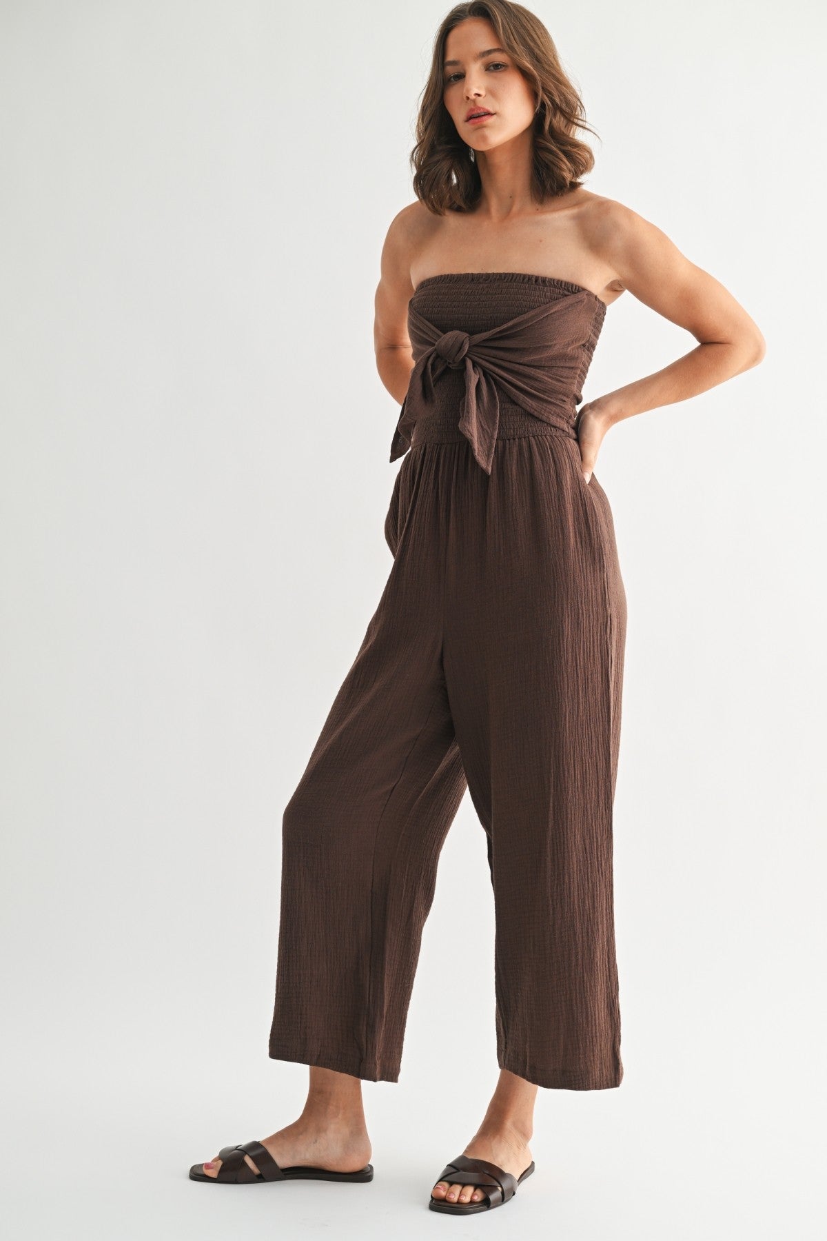 Smocking Top Jumpsuit in Truffle