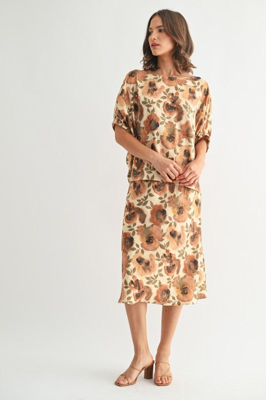 Flower Print Satin Skirt