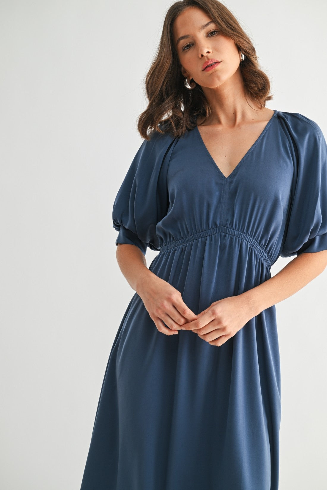 Satin Balloon Dress in Dusty Blue