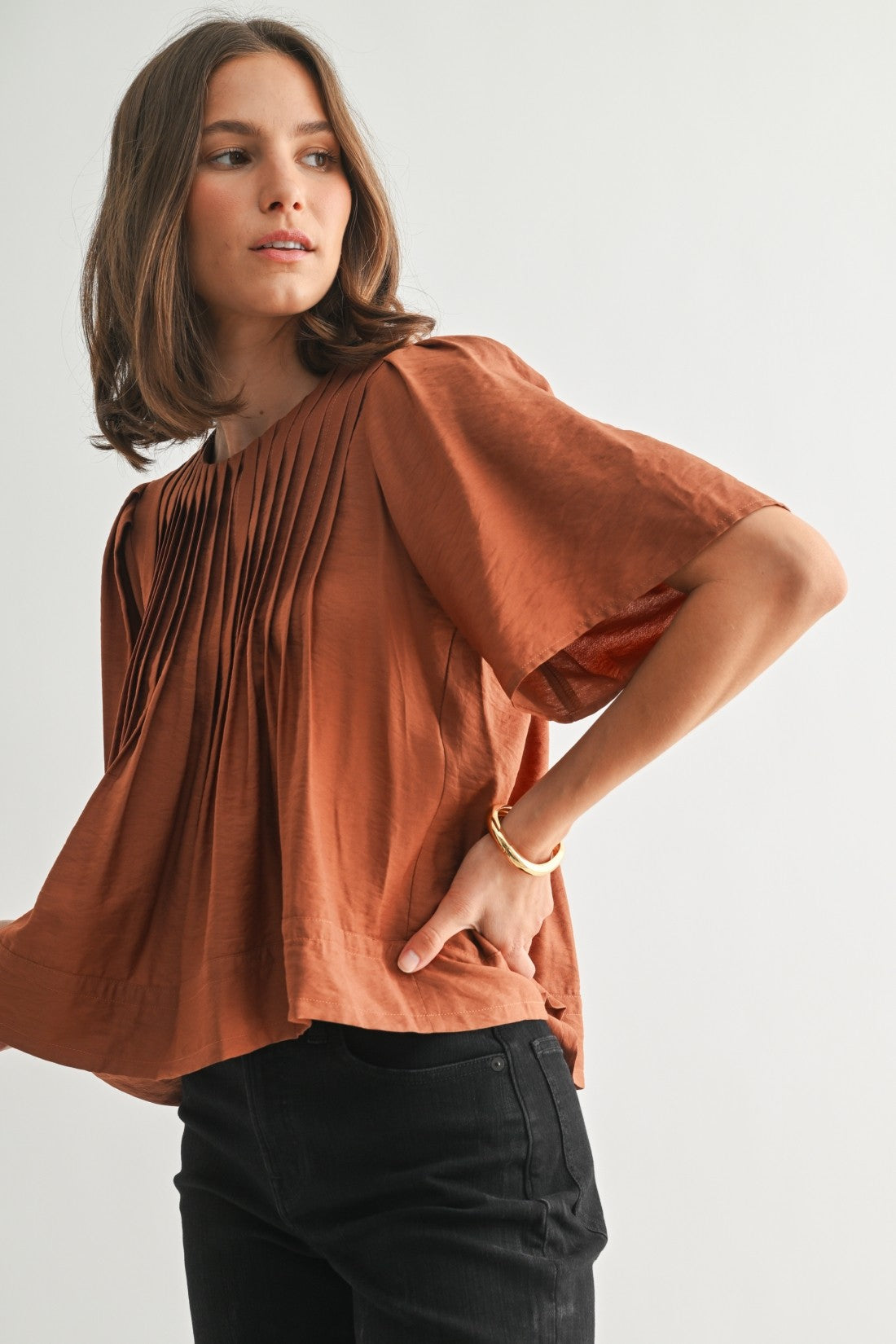 Pintuck Short Sleeve Blouse in Clay