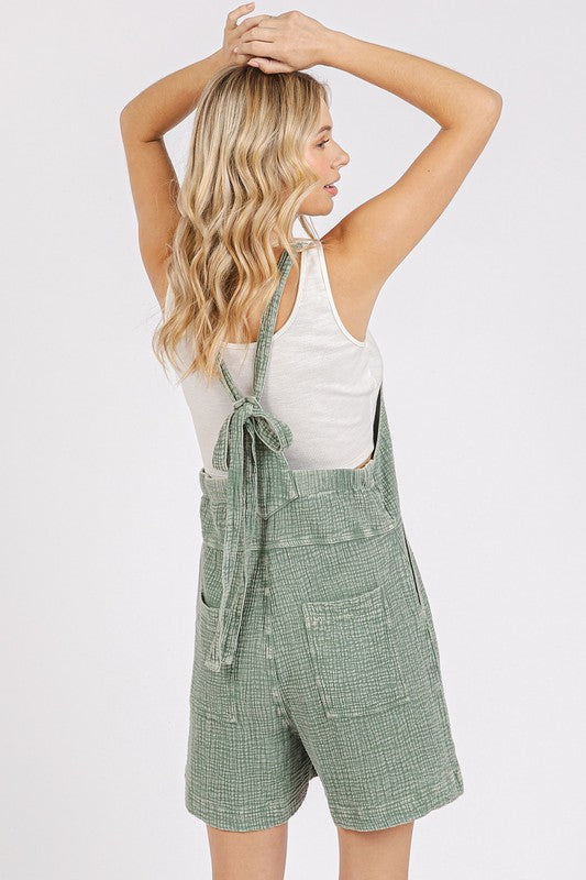 Mineral Wash Gauze Back Tie Romper in Sea Green