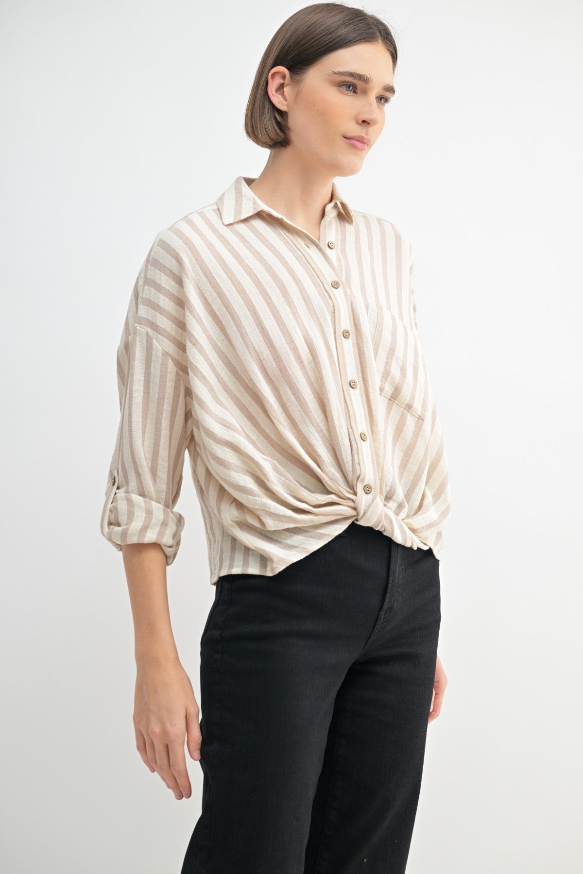 Twist Front Button Down Top in Taupe