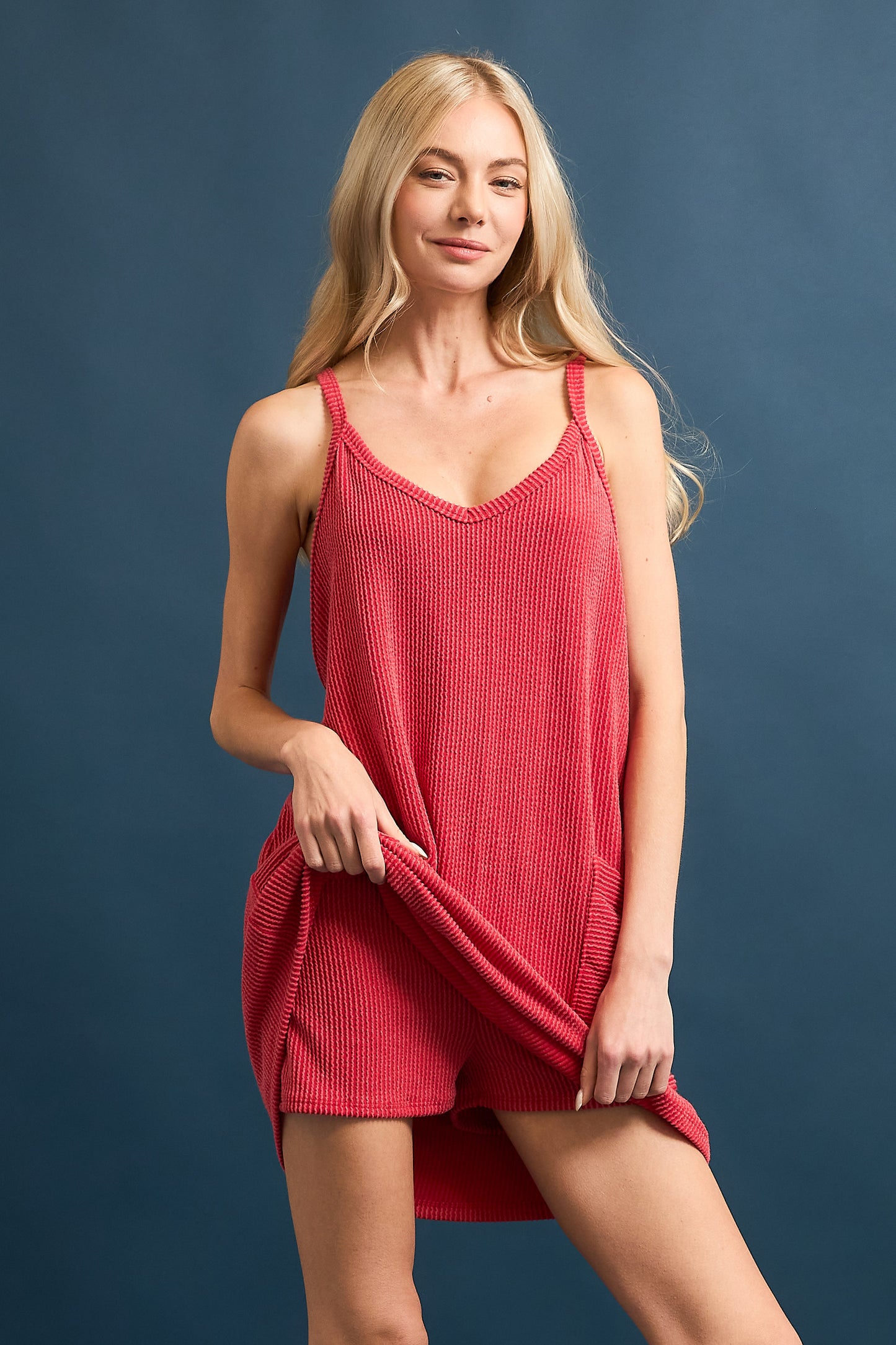 Wave Rib V-Neck Romper Dress