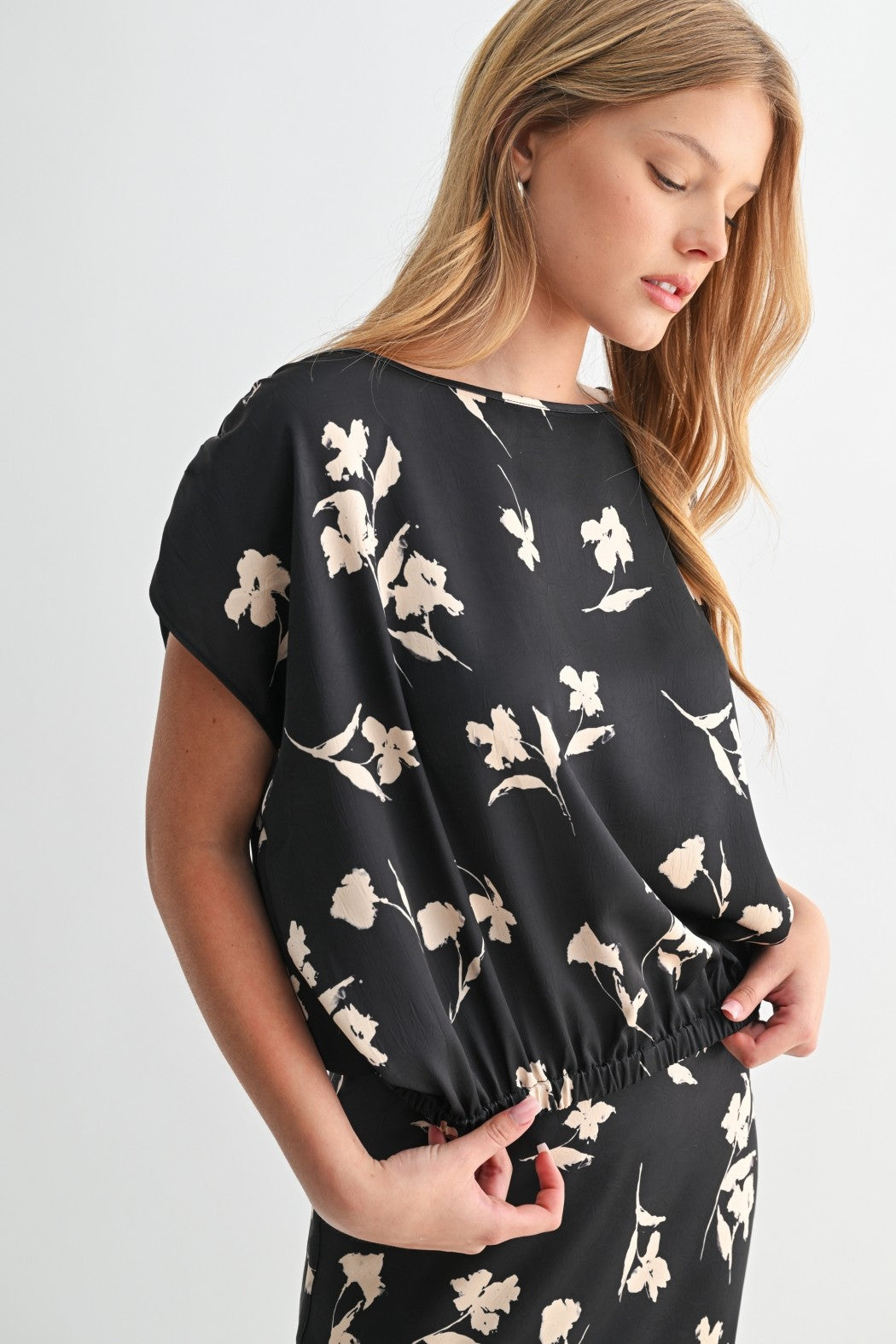 Flower Print Boat Neck Top