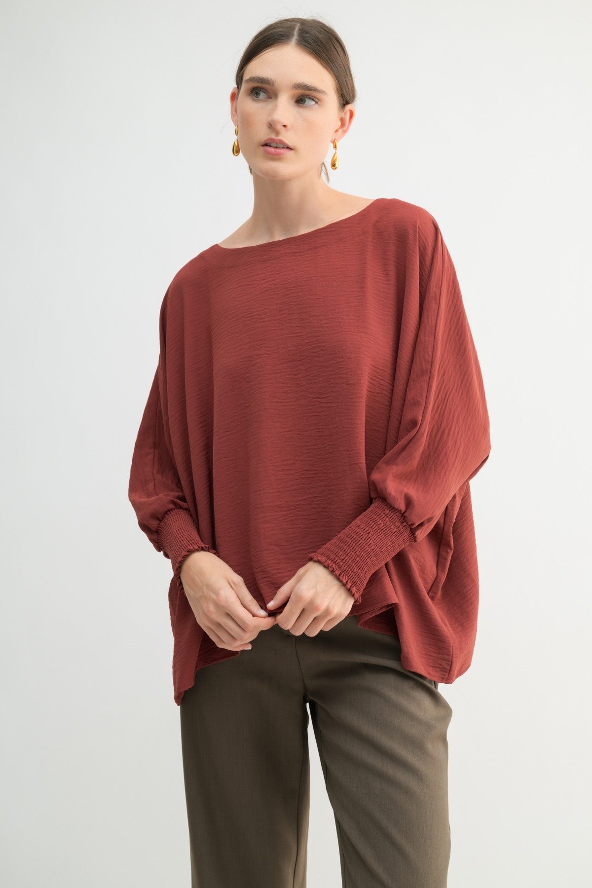 Oversized Top with Smocked Sleeves in Dry Rose