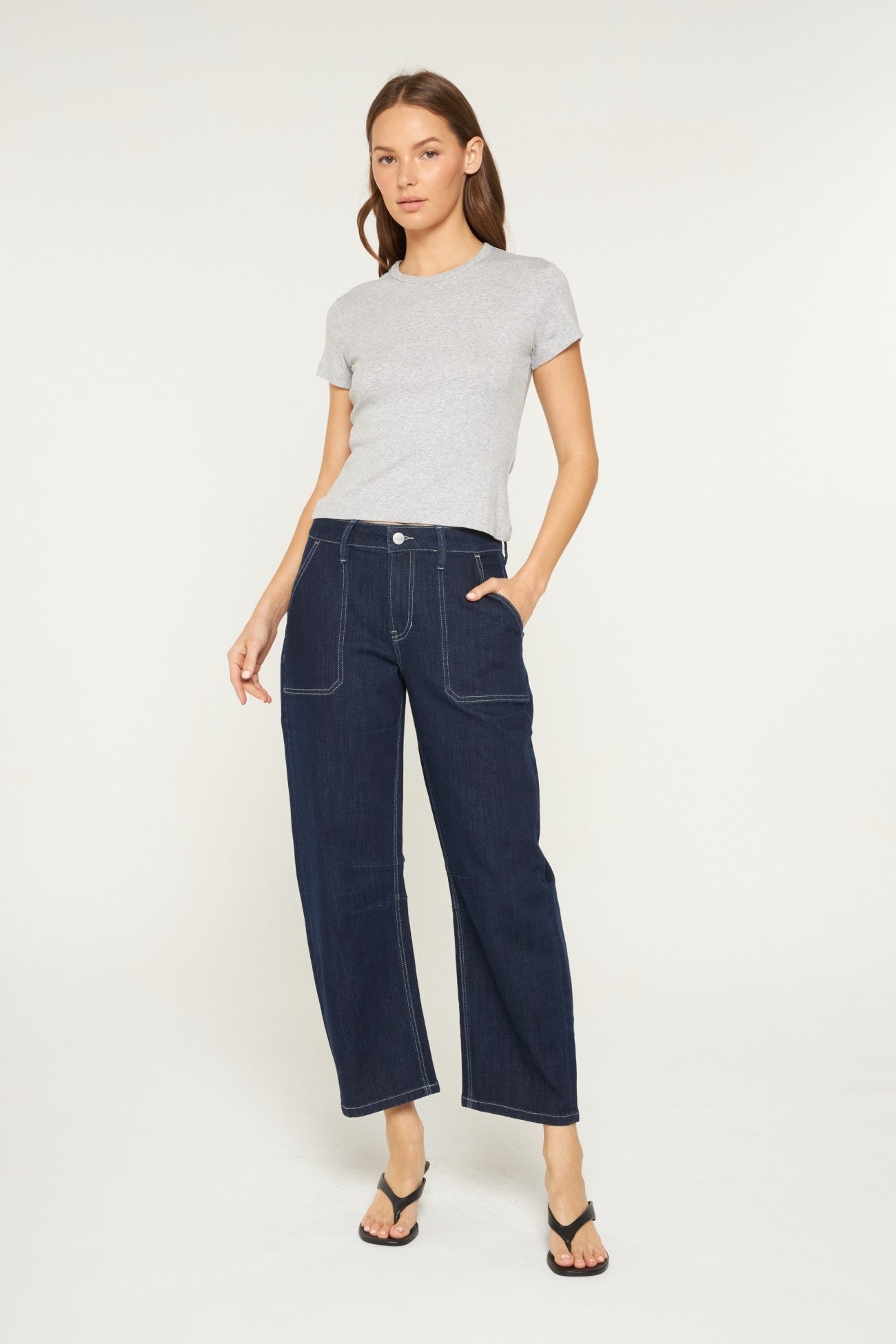 High Rise Barrel Jeans in Dk. Wash