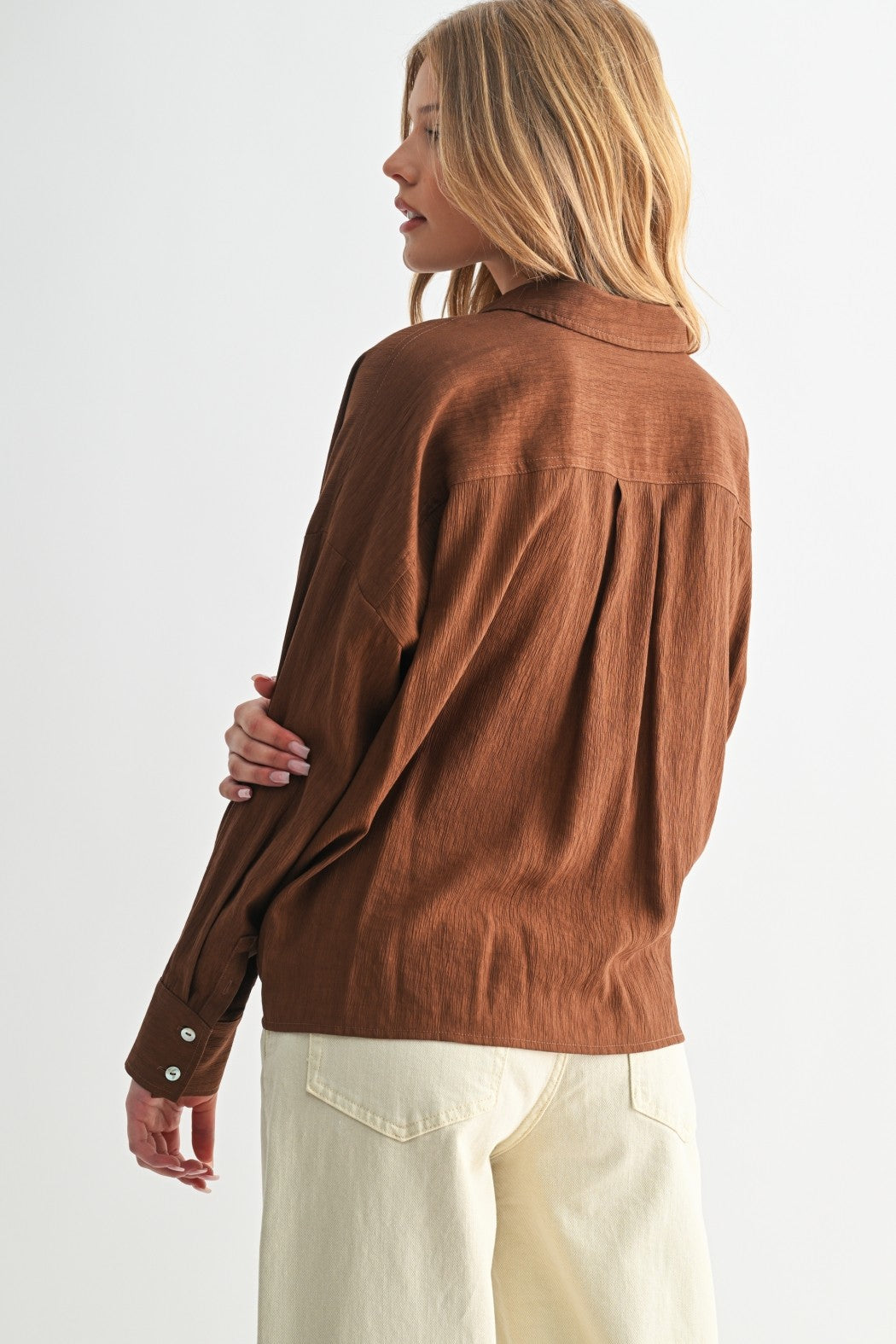 Texture Woven Twist Hem Button Down Shirt