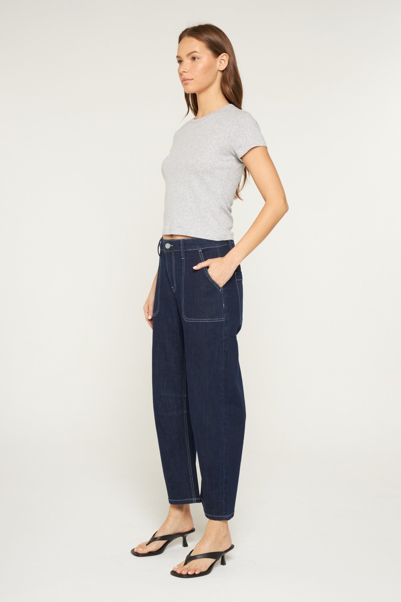 High Rise Barrel Jeans in Dk. Wash