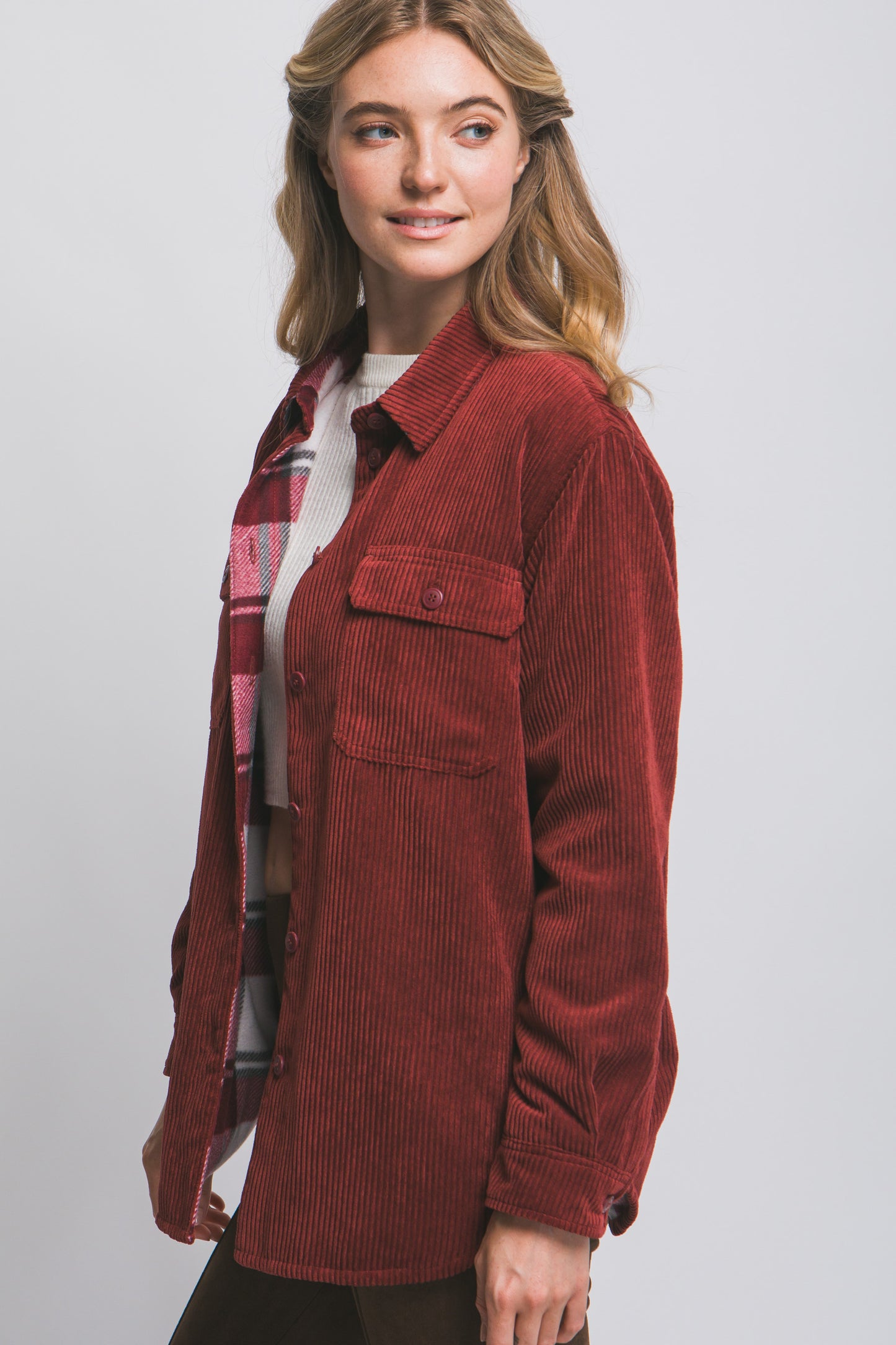 Corduroy Reversible Shacket in Burgundy
