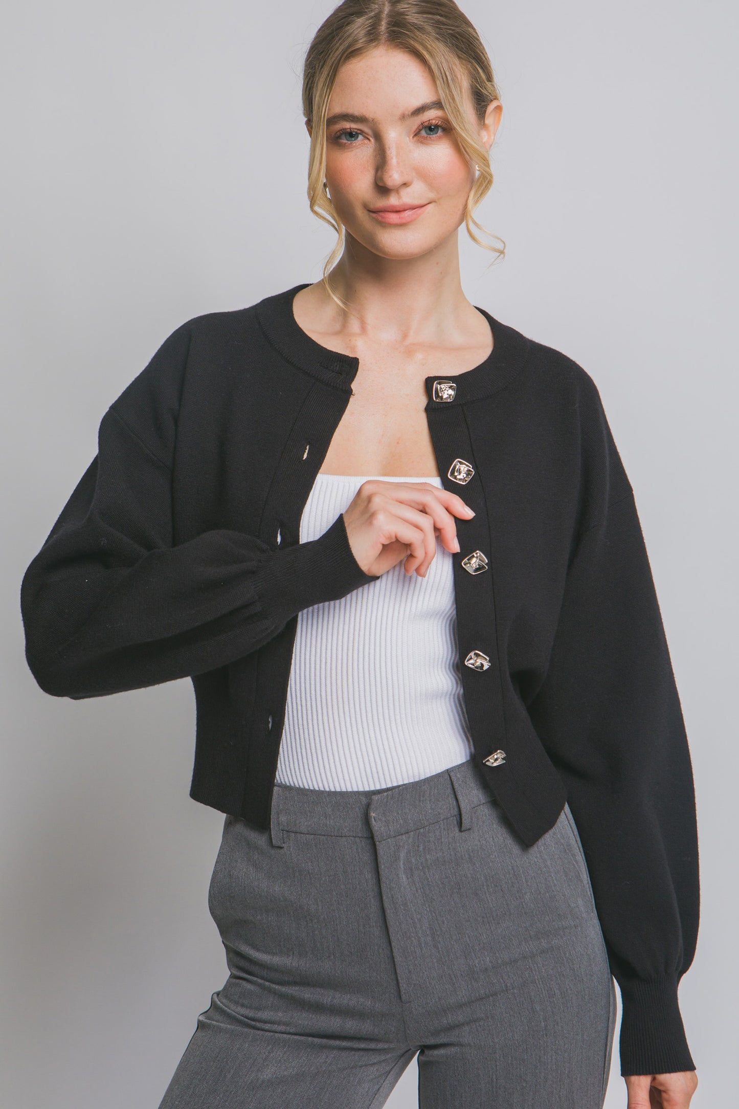 Cardigan with Puff Sleeves in Black