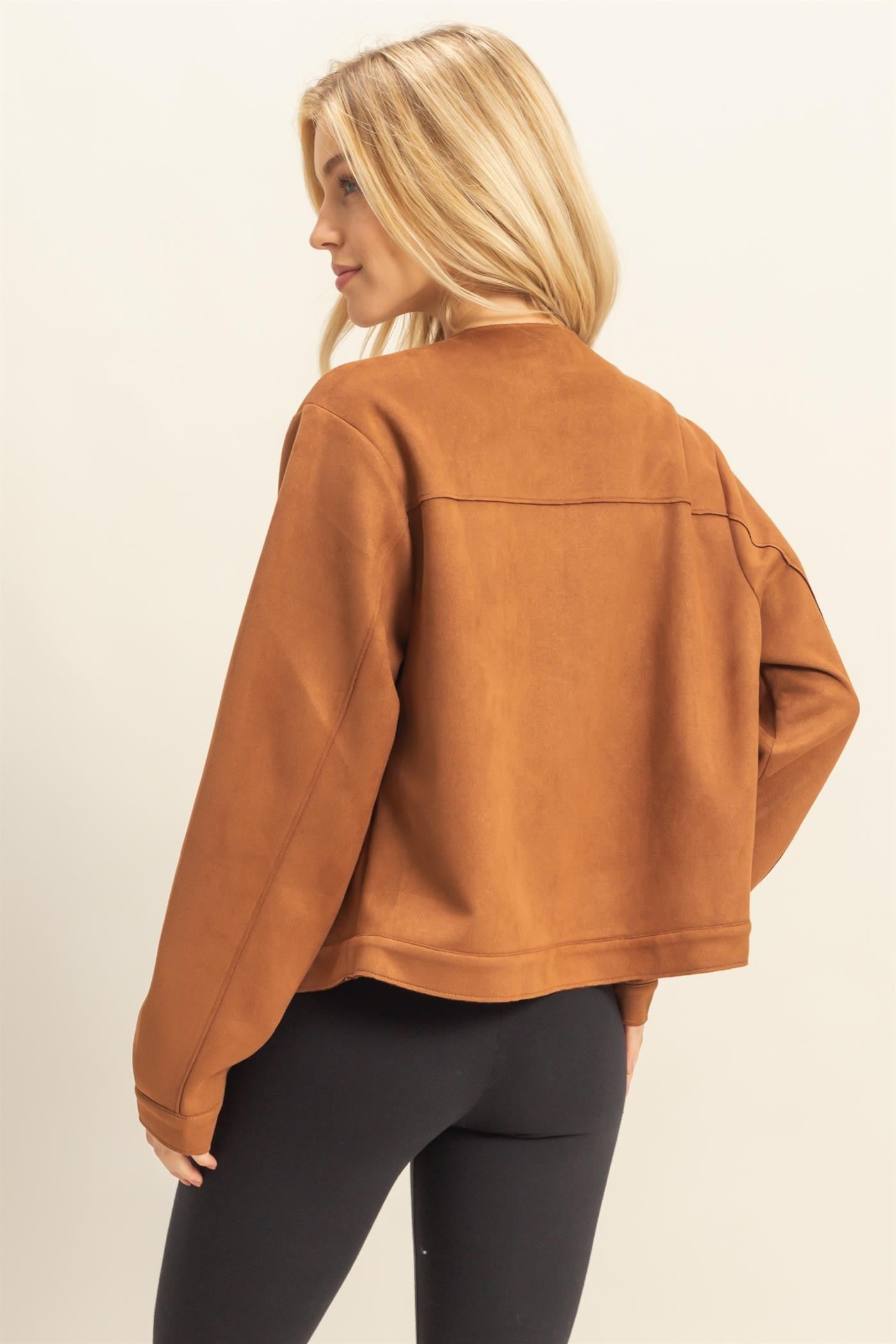Suede Jacket with Gold Buttons in Cognac