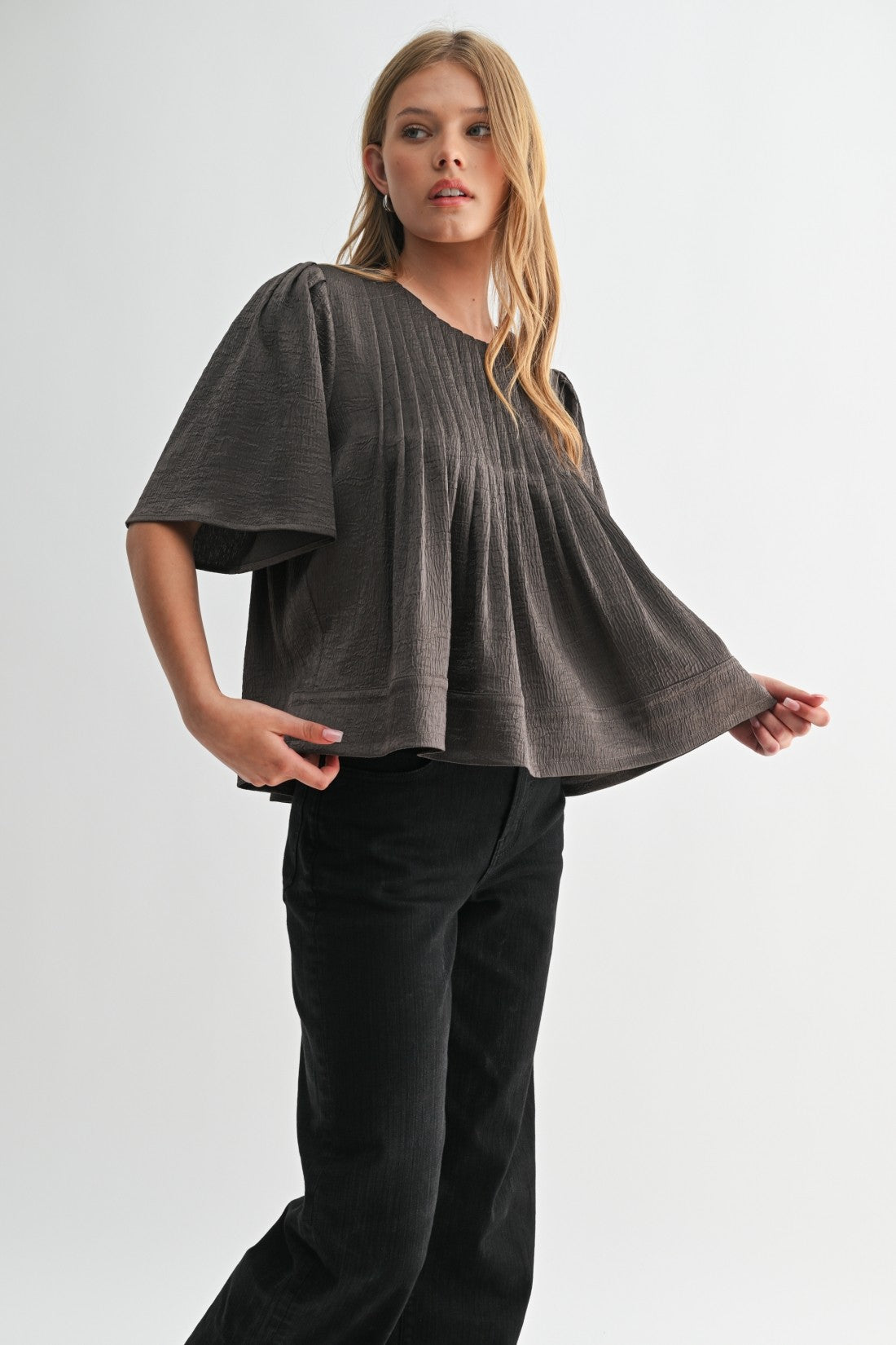 Texture Satin Pin Tuck Detail Blouse