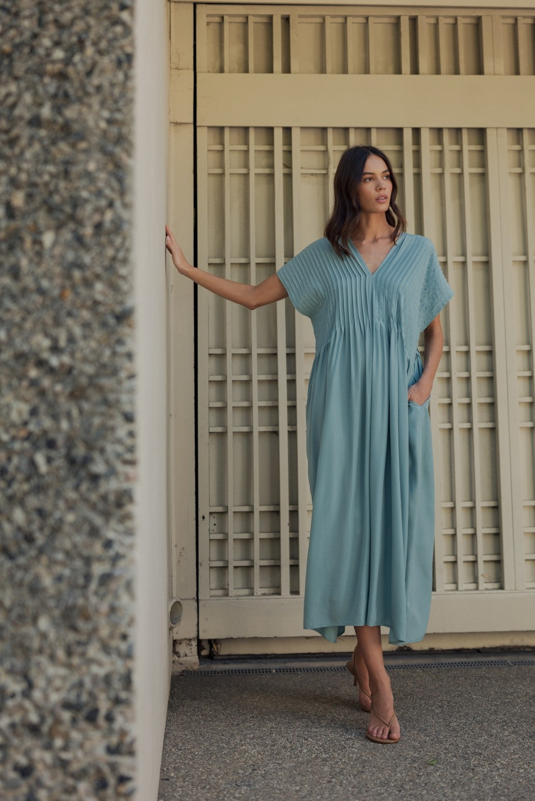 Pintuck Detail Dress in Sage