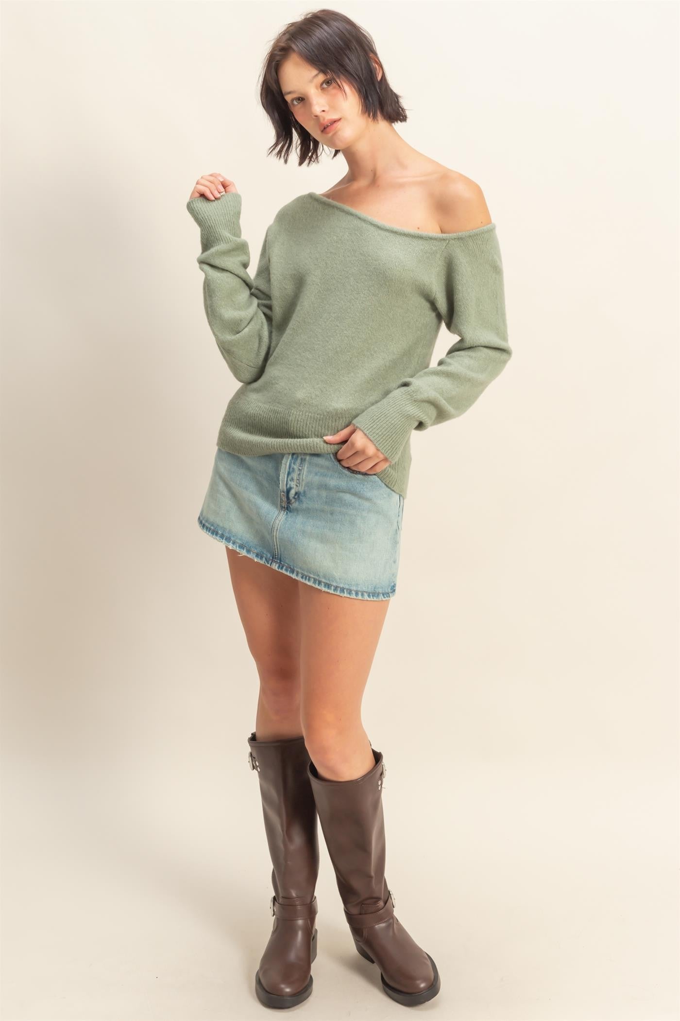 Off the Shoulder Sweater in Sage
