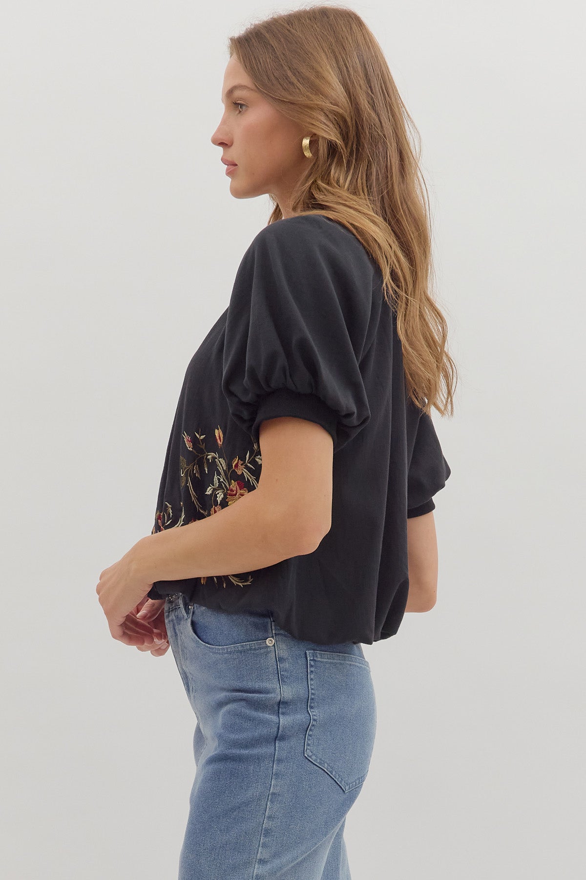 Embroidered Hem Top in Black