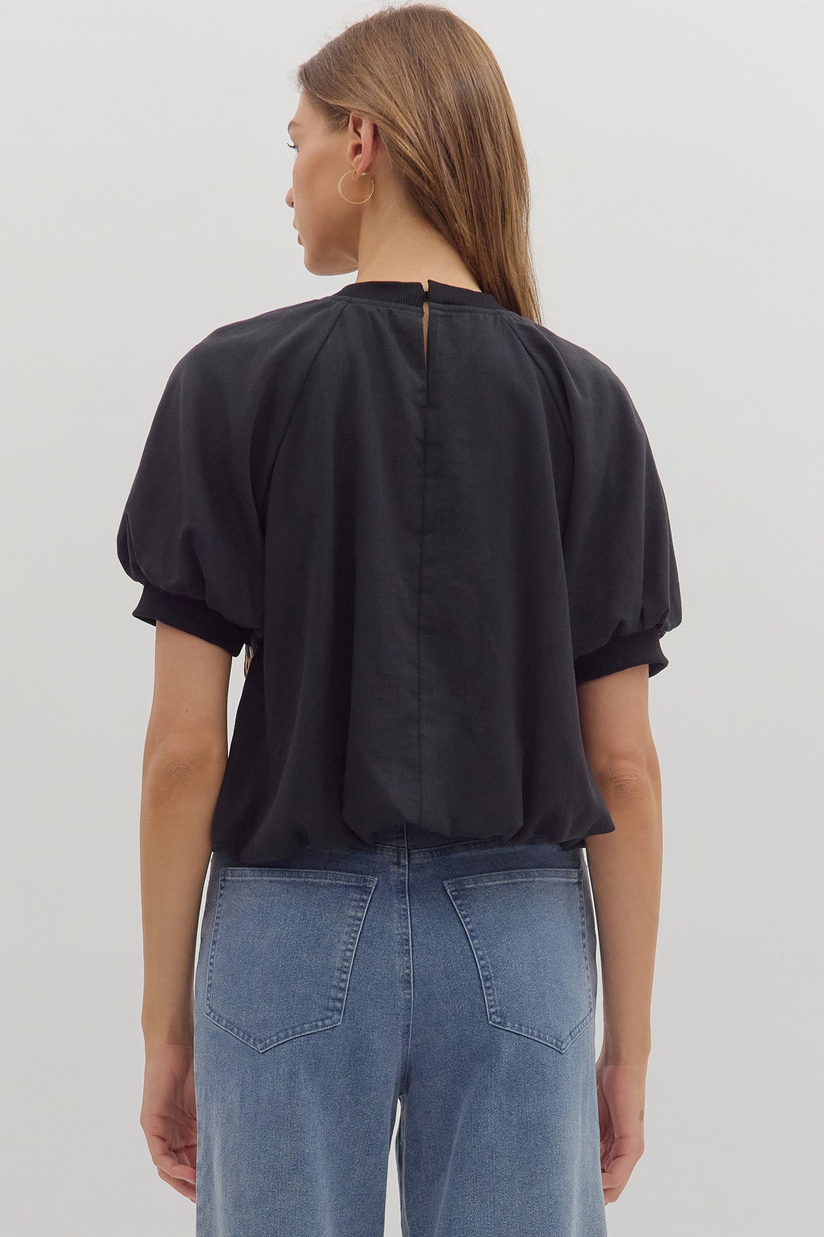 Embroidered Hem Top in Black