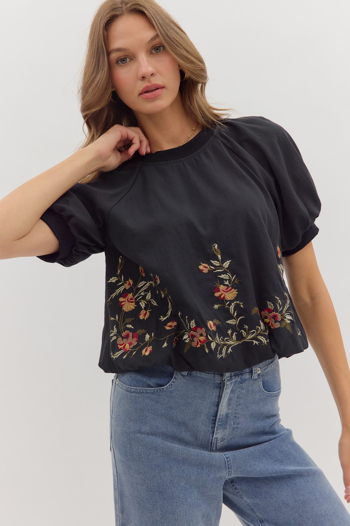 Embroidered Hem Top in Black
