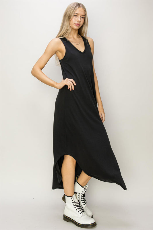 Sleeveless V-Neck Midi Dress in Black